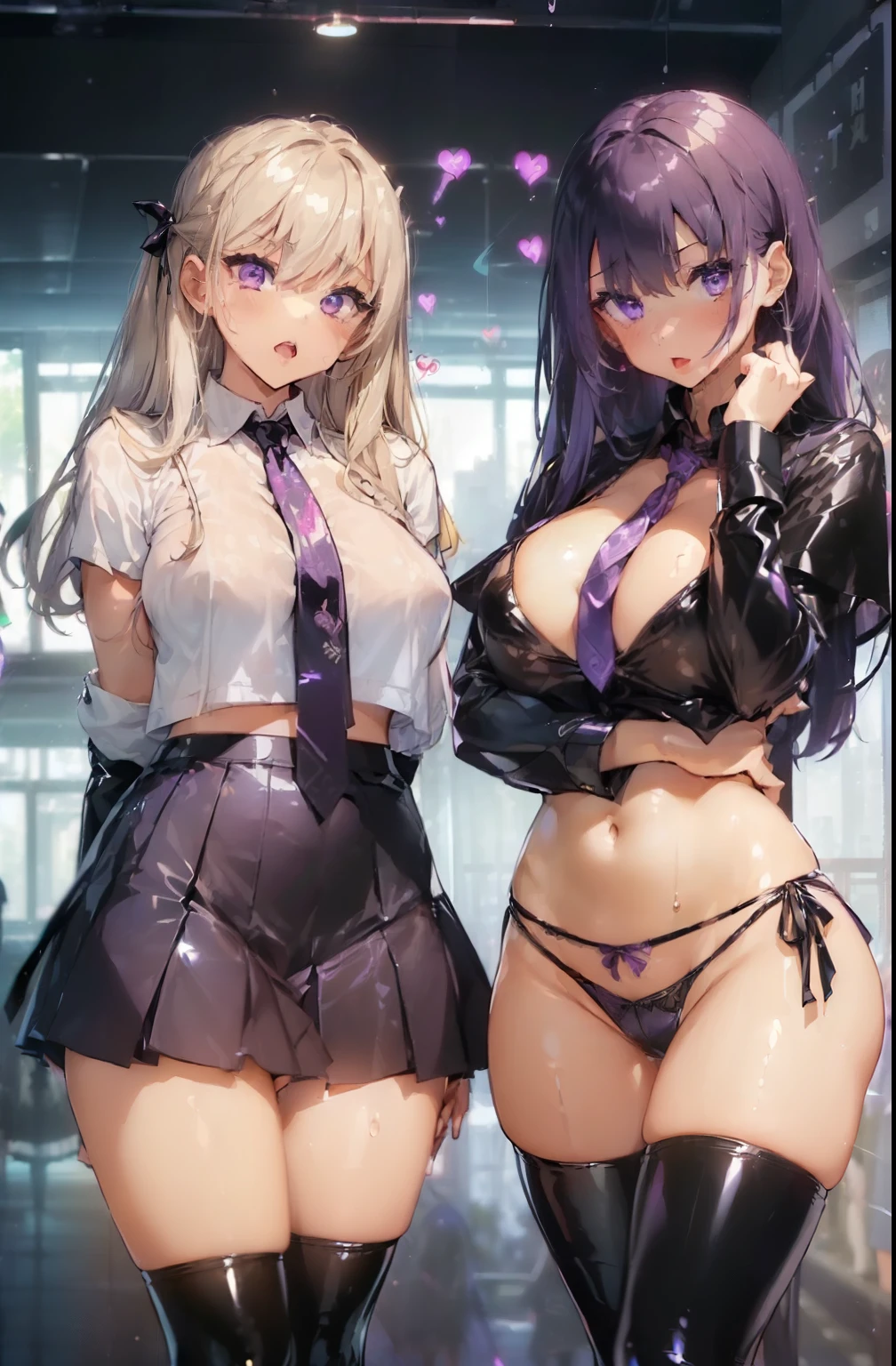 (3 girls:1.8)、standing with legs apart、 1 cute girl, highest quality、ウルトラ - High resolution、High resolution、Detailed CG、8k unit wallpaper、20-year-old、beautiful and detailed eyes,platinum blonde hair、random hairstyle、(((black and purple super shiny latex panties)))、((( black skin , Shirt with tie , cropped shirt , pleated skirt , cleavage ,oil skin)))、(shiny body,:1.5)、 please be shy、(Ahegao:1.5)、(Stick out your tongue and drool)、full of embarrassment、sexy pose、((vapor))、many hearts、(((big breasts)))、(((exclamation mark, moan, many hearts,spoken heart, comic strip, moving line, motion blur, tremble violently, lots of heart speech bubbles)))