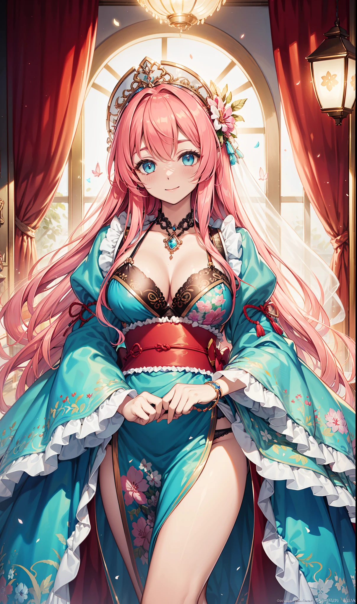 (best quality, high resolution, textured skin, high quality, high detail,Extremely detailed CG Unity),teenage girl，Obsessed，divine happiness，in love，(Swimwear and Kimono:1.2)，pink hair，blue eyes，(Fabric headwear minimalism，Multi-layered delicate ruffles，lots of lace，multicolor cloth，exquisite embroidery，Exquisite pattern，Fabric headwear，exquisite clothing，see through transparent clothes，bedroom，night，(dazzle:1.2)，movie lighting，the only person，Fluttering skirts，