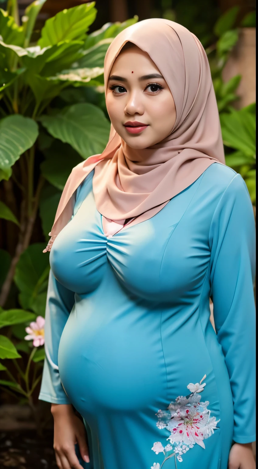 1 malay girl , modern plain hijab, shy, medium portrait shot , watery eyes ,droopy eyes, watery, lip glossy, sad face, ((big breast)), huge pregnant, wear java wedding woman in kebaya , (big breast) , flower garden background, bokeh background, proportional body,