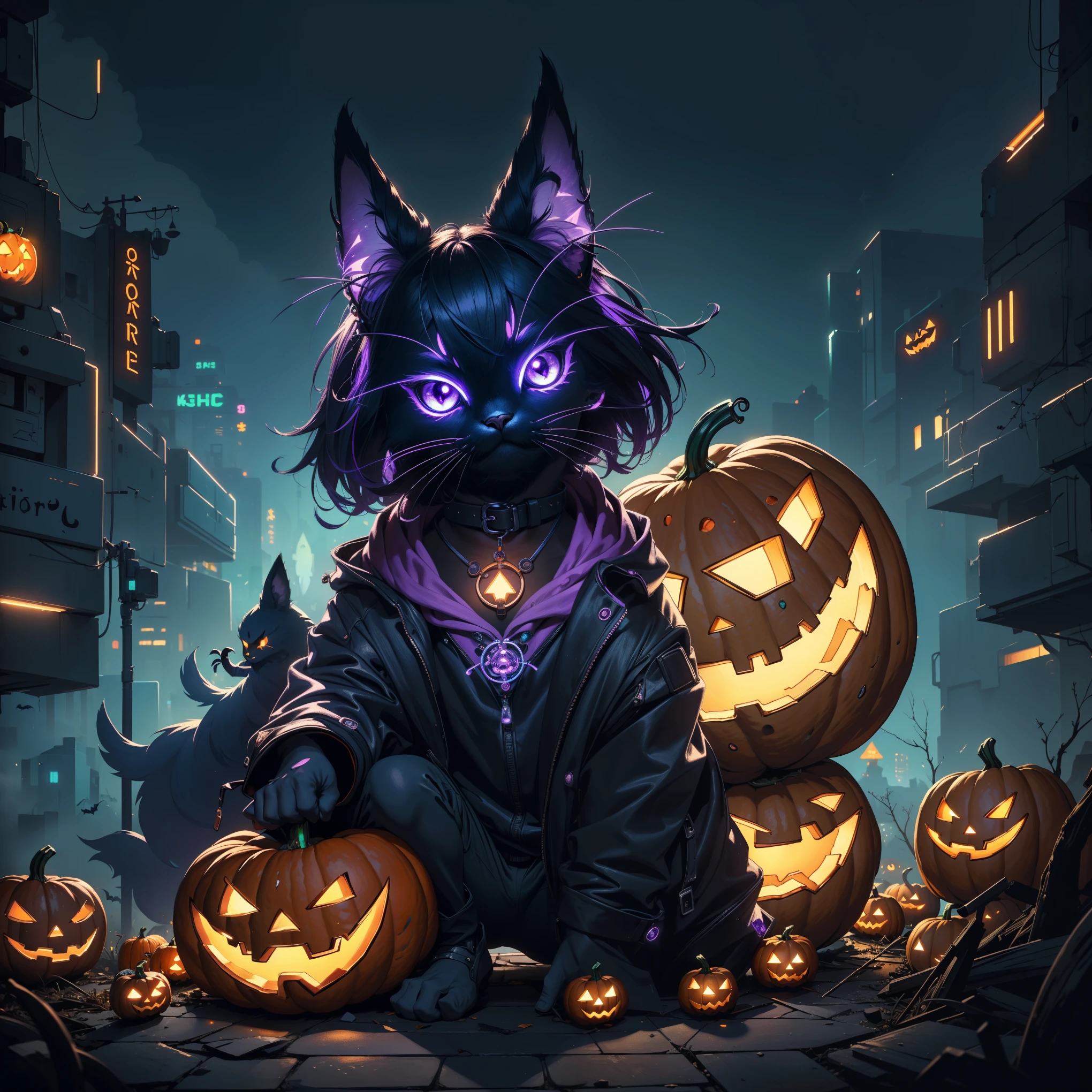 (masterpiece), (((highest quality)), (ultra detailed), create a cute Halloween Illustration, epic artwork, high illumination, neon cyberpunk, magical aura,12k
