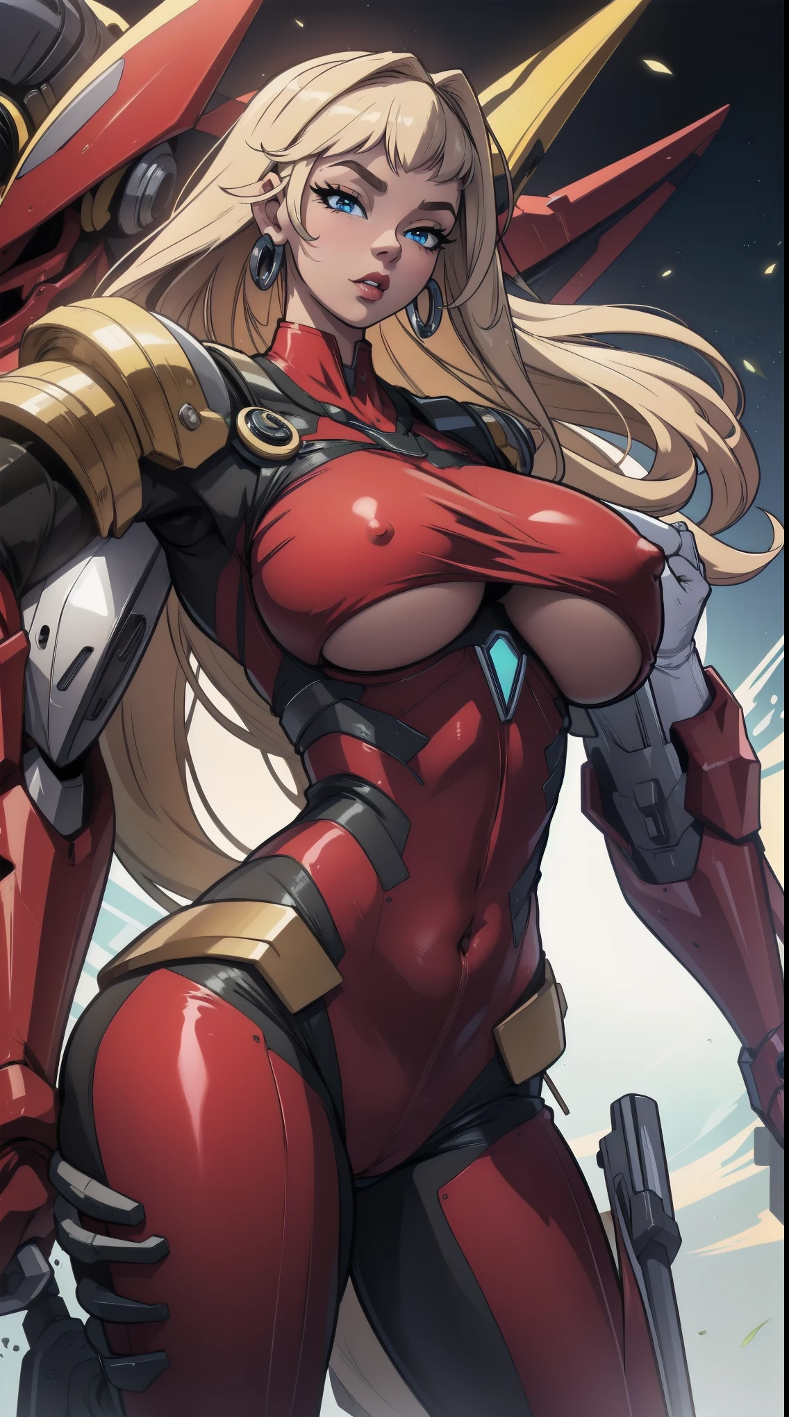 ((Beautiful mechanical girl)),Red body,Red legs,Red arm,Long blonde hair,eBlue eyes,shapely body,perfect body figure,Raised sexy,huge boob,beauitful face,ellegance,mature,Just the right lighting,perfect detail,Perfect facial features,Use characters as the main subject of the picture