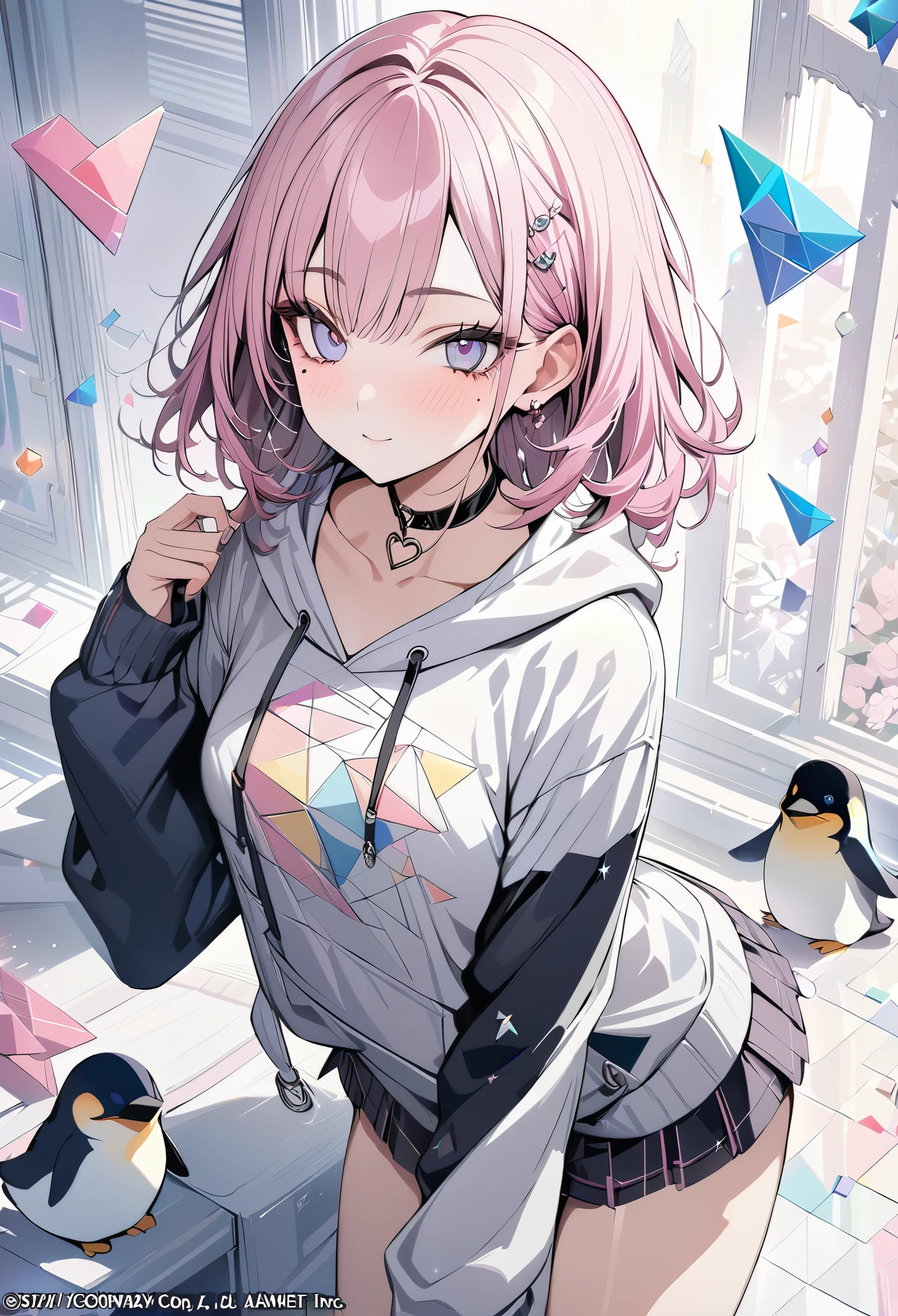 ,beautiful flower々),mole under eye, heart shaped choker, (masterpiece, highest quality), official art, beautiful and aesthetic: 1.2), (1 girl), very detailed, (geometry art: 1.3), colorful、pink bob hair、Penguin hoodie shirt、mini skirt
