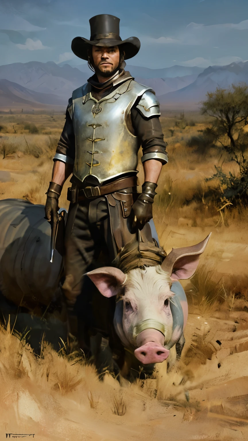 一個男人和一個女人走在group機器人前面的阿拉夫圖像, grimm dark steampunk fantasy, PS 4 in-game animations, character wearing hat, horned, wasteland, Official splash art, "pig, gunslinger, gray wasteland, group, heavy white and gold armor, Brown, official artwork, ox