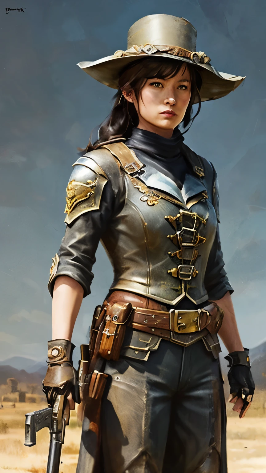 一個男人和一個女人走在group機器人前面的阿拉夫圖像, grimm dark steampunk fantasy, PS 4 in-game animations, character wearing hat, horned, wasteland, Official splash art, "pig, gunslinger, gray wasteland, group, heavy white and gold armor, Brown, official artwork, ox