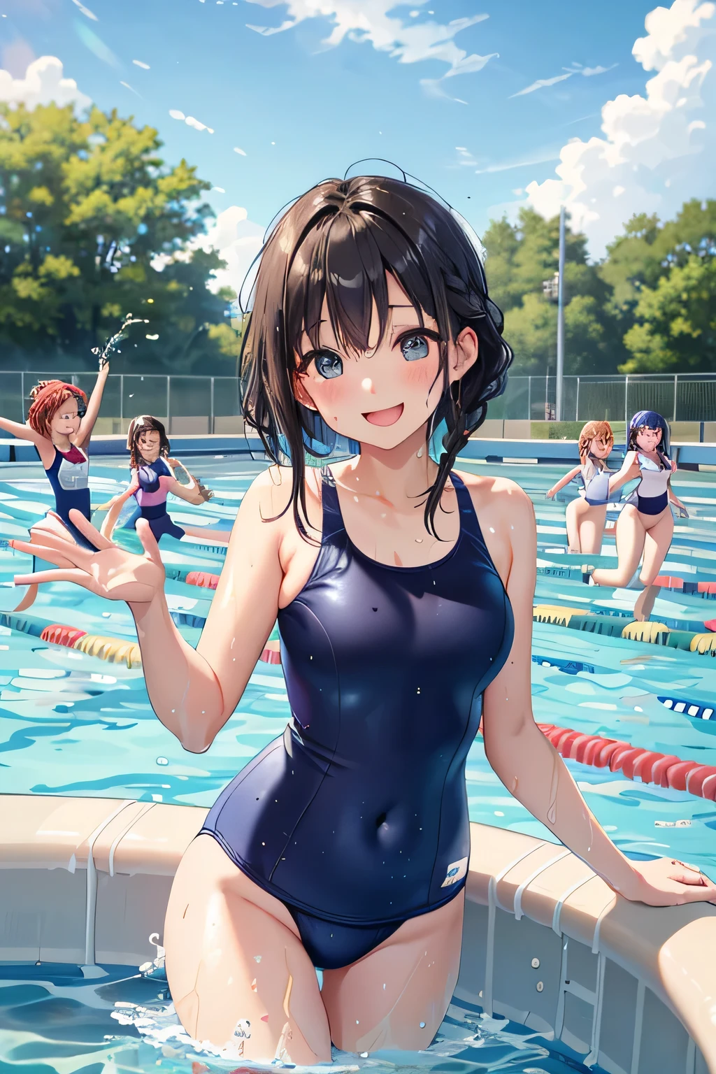 highest quality、High resolution、detailed background、masterpiece、(Highly detailed beautiful face:1.3)、age girl、(5 women)、navy blue school swimsuit、brown hair、braided bob、cute braided hairstyles、realistic、attractive thighs、
(Five beautiful girls in school swimsuits are having fun in the school pool.:1.5)、
playfully splashing water on each other、innocent smile、open your mouth and laugh、Swimsuits that glow when wet、the whole body is wet、Hair is also wet、cute