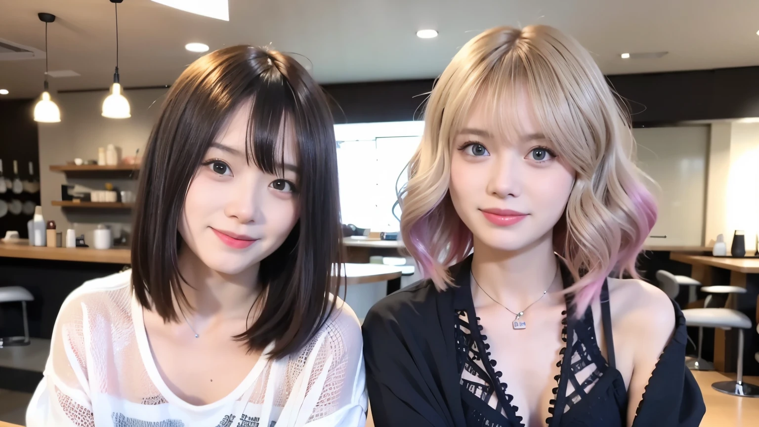 mix 4,(highest quality), (Photoreal),(New York cafe interior background:1.2), One female, Upper body, high detail face,, (The hair color is very bright on the inside.)、Fujifilm XT3、 (8K)、less bangs、(short hair:1.3)、(hair with the ends facing outward:1.6)、wet hair、smile、Delicate and realistic skin and hair、（cowboy shot:1.5）、Patterned lace clothes Cesium bob hair:1.1)、（Overlapping blonde hair color:1.5）、less hair、Adult-like appearance、looking here、（Shoulder-covering clothing:1.5）、Splash in the cafe、spring clothes、(smile:1.3)、（髪のThe hair color is very bright on the inside.:2）、different hair colors、（Hair color that mixes various colors:1.8）、Unicorn Color、Rainbow Corner Color、Hair that has been bleached many times、（hair color close to white:1.5）、1 person、dramatic、flowing side hair、Layered Hair Color、model pose、Partially black hair、beautiful body line