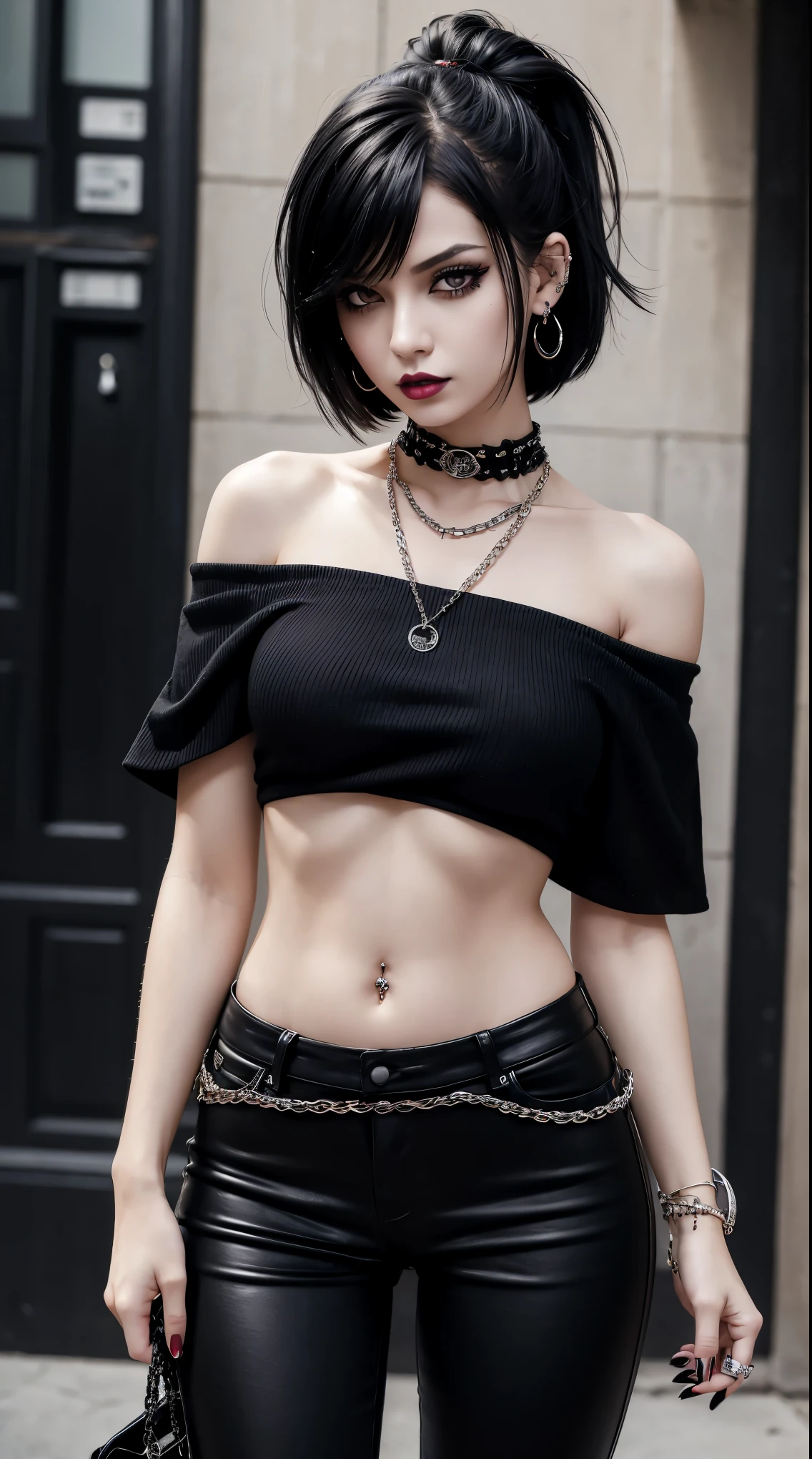 ((masterpiece)) ((best quality)) ((ultra-detailed)) ((navel)) (depth of field)) perfect body, shiny skin, SceneEmo, long black hair, 1girl, short hair, punk rock black shirt, off shoulder, eyeliner, red eyes, detailed eyes, black lipstick, earrings, piercings, black pants, loose fitting clothes, chains on pants, hot goth coming home from a long day of hating the world