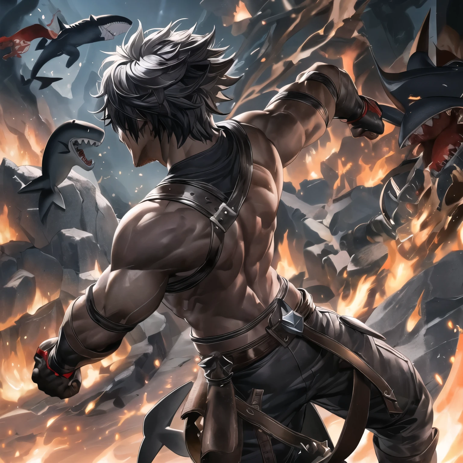 sexy blacksmith, gloves, sharkを保持, fire, anvil, spark, photo of a man training, realistic, masterpiece, intricate details, detailed background, Depth of the bounds written,  facing backwards, On your back, For half-sleeve wear, shark１Grab one, avenger, Right hand clenched fist, shark