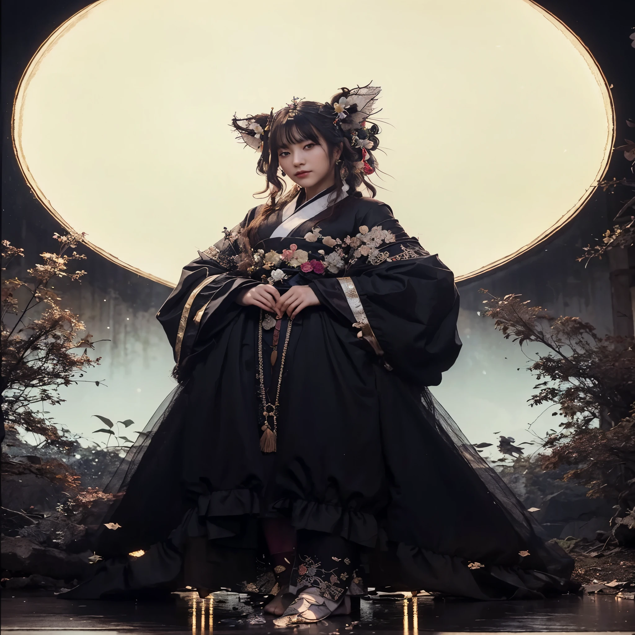 A woman in a black dress standing in front of a full moon, palace, a girl in Hanfu, a beautiful fantasy empress, ((a beautiful fantasy empress)), Hanfu, full-body Xianxia, by Yang J, flowing magical robe, Japanese goddess, a stunning young ethereal figure, lovely dark autumn princess, an elegant gothic princess, (best quality, 4k, 8k, high-res, masterpiece:1.2), ultra-detailed, (realistic, photorealistic, photo-realistic:1.37), HDR, UHD, studio lighting, ultra-fine painting, sharp focus, physically-based rendering, extreme detail description, professional, vivid colors, bokeh, portraits, landscape, horror, anime, sci-fi, photography, concept artists, colorful hues, soft lighting.