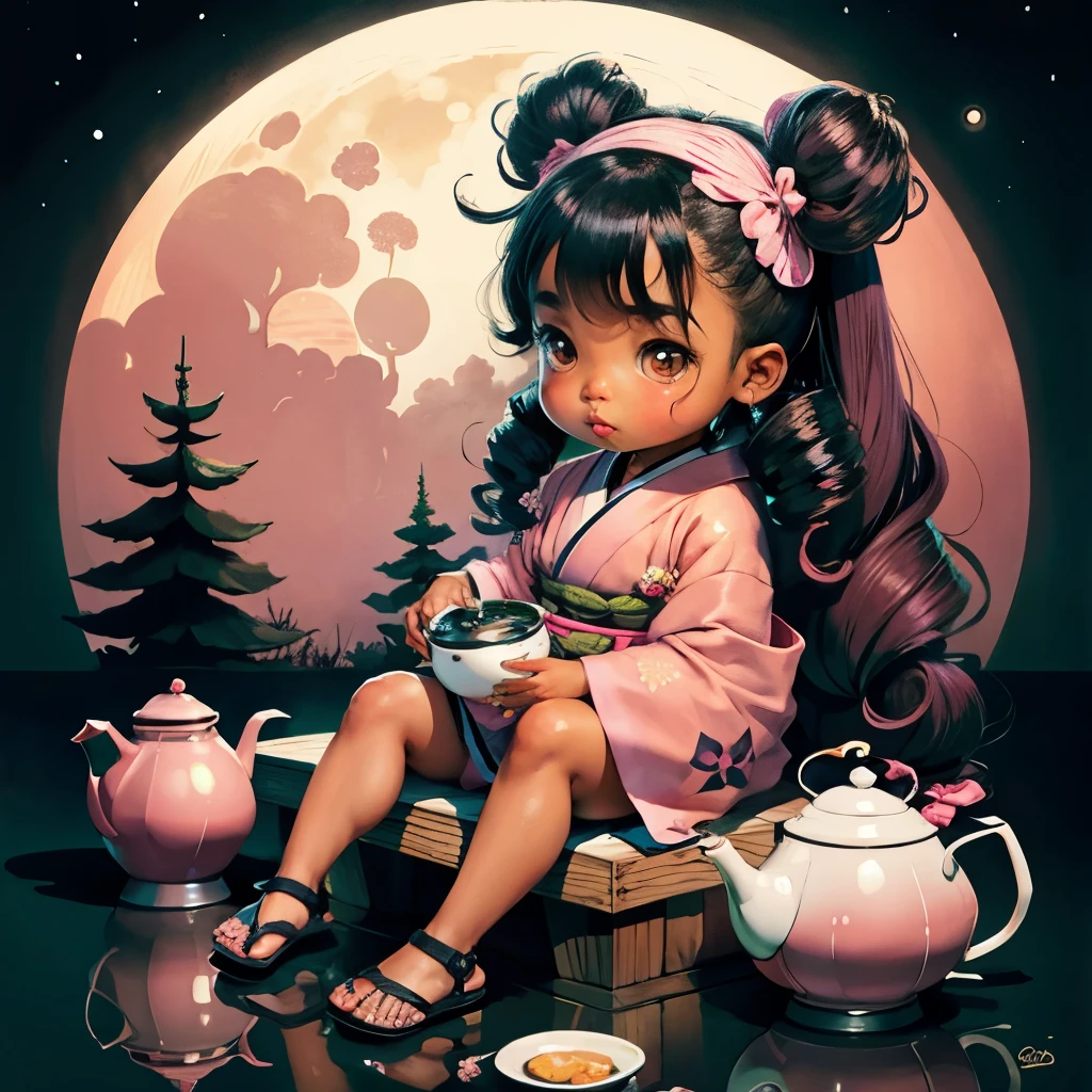 Cute dark brown skinned baby chibi anime, grey and pink kimono, sit in the teapot, moon, long curly black hair, clear toes, clear feet, freckle face, wear sandals, hair tied up, A hair