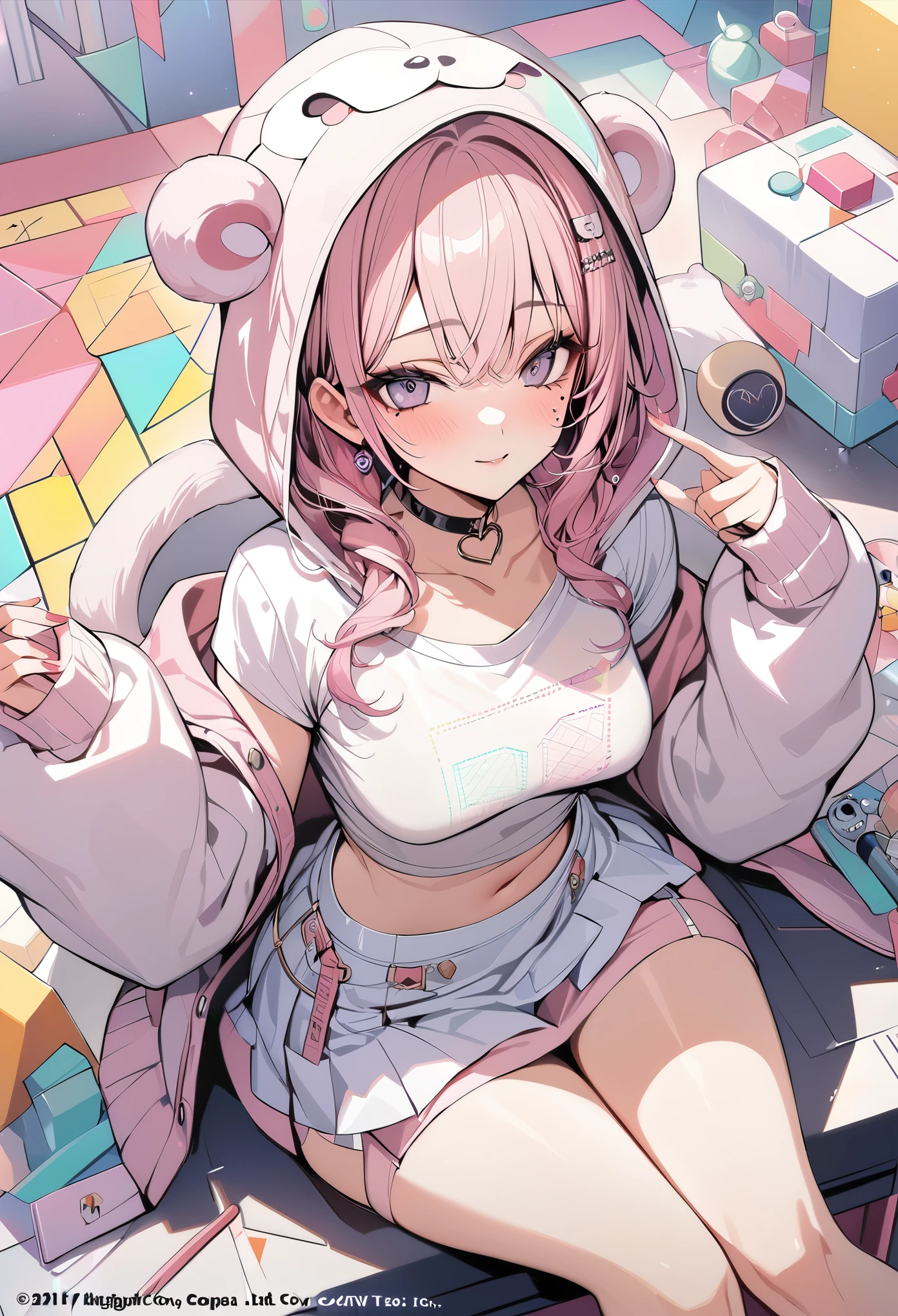 Anime girl with pink hair sitting on a chair in a room - SeaArt AI