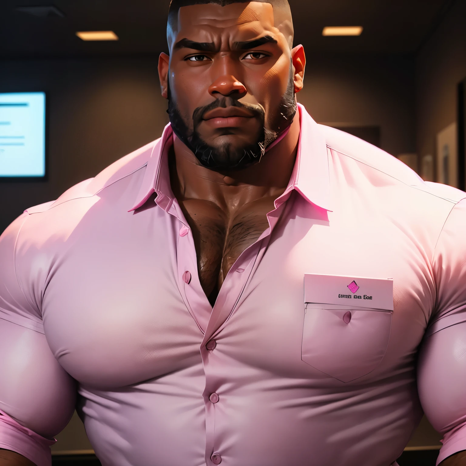 an exaggeratedly muscular and large bodyguard, beard, dark-skinned african american male, buzzcut hair with square line, (wearing pink casual business shirt: 1.2), name tag, (bara pecs: 1.3), (arm and chest hair: 1.1), close-up portrait HD, bright corporate office