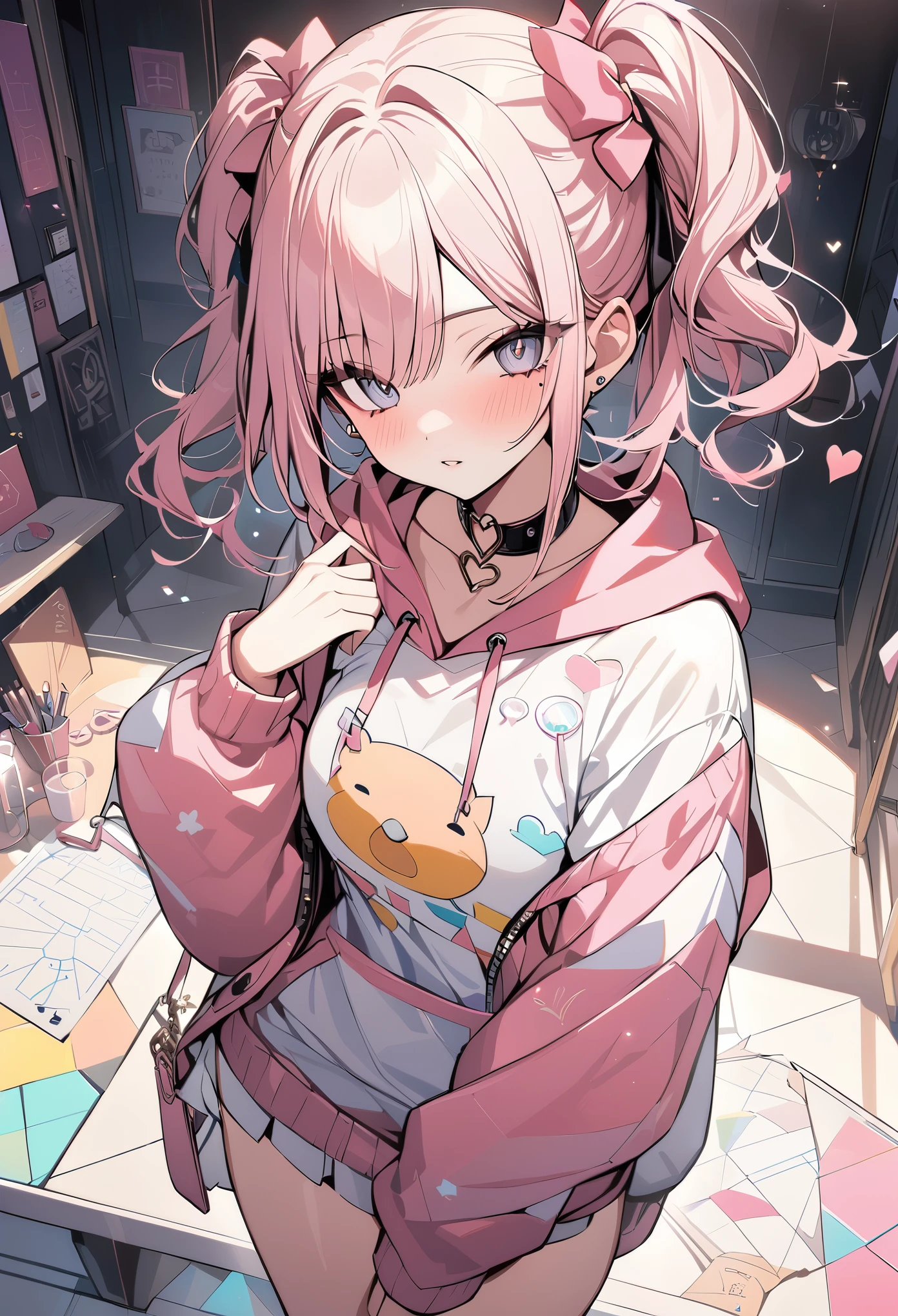,beautiful flower々),mole under eye, heart shaped choker, (masterpiece, highest quality), official art, beautiful and aesthetic: 1.2), (1 girl), very detailed, (geometry art: 1.3), colorful、pink bob hair、monkey hood shirt、mini skirt