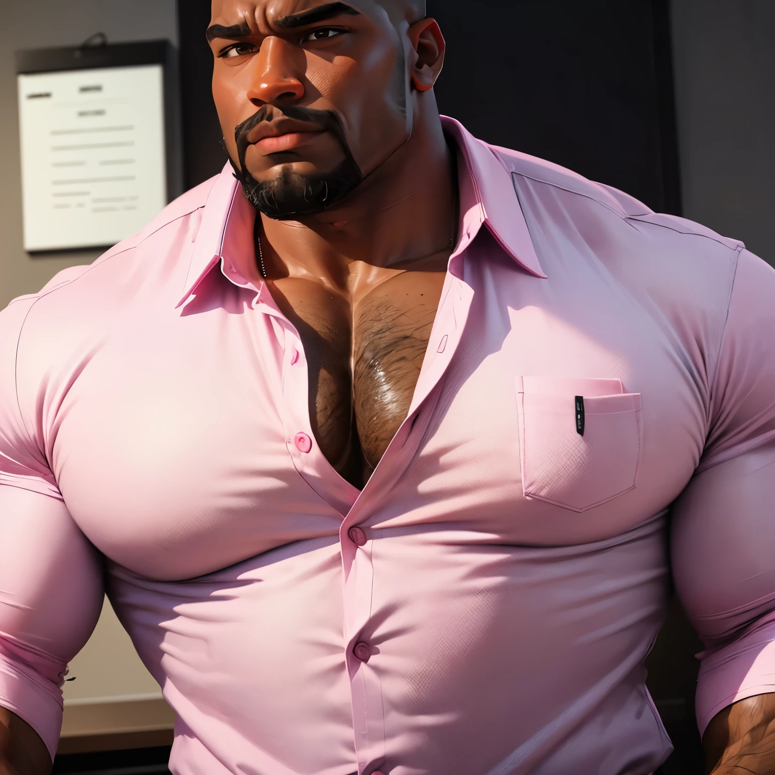 an exaggeratedly muscular and large bodyguard, beard, dark-skinned african american male, buzzcut hair with square line, (wearing pink casual business shirt: 1.2), name tag, (bara pecs: 1.3), (arm and chest hair: 1.1), close-up portrait HD, bright corporate office