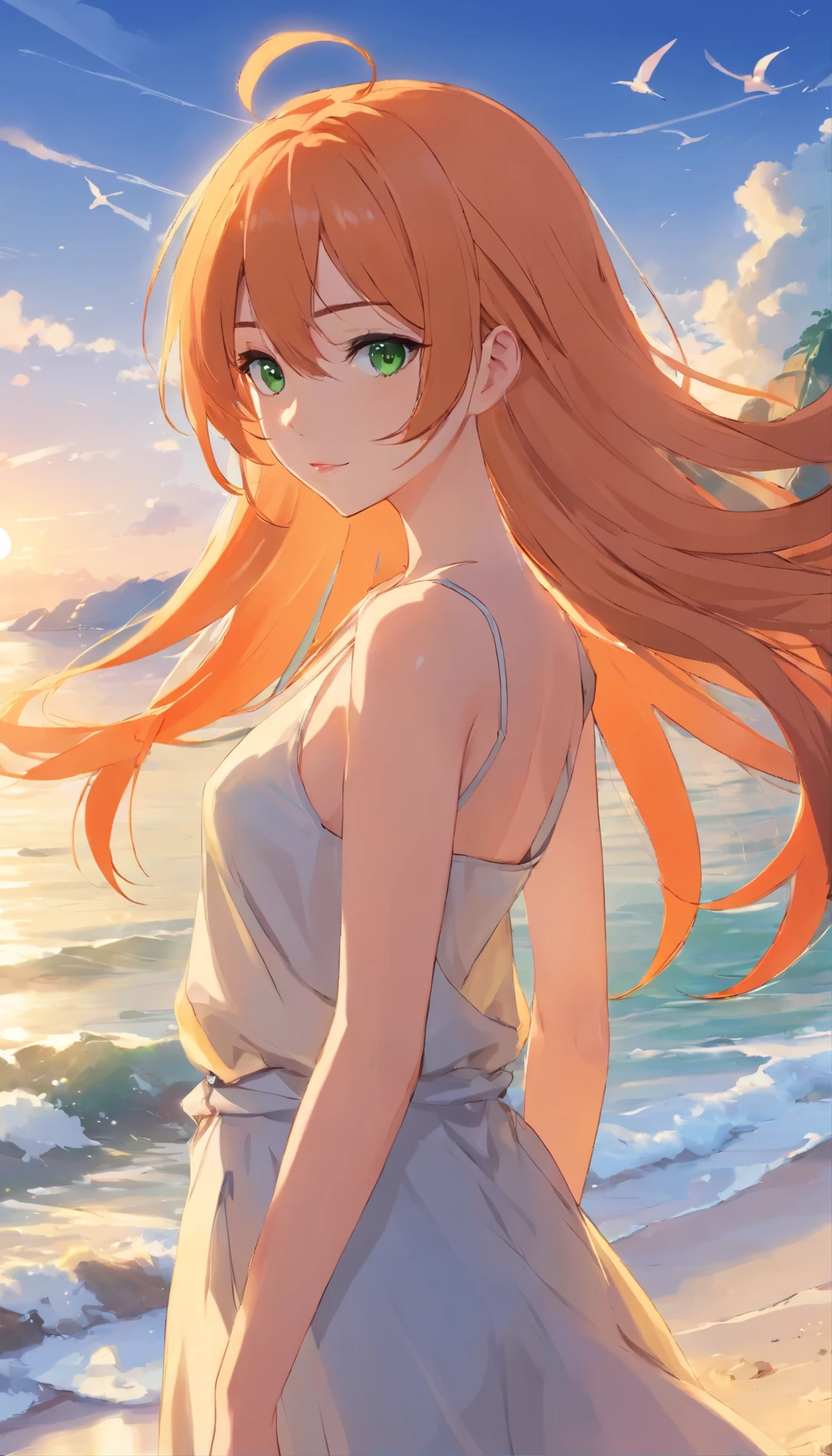 anime girl with long orange hair standing on beach near ocean, green eyes detailed digital anime art, anime girl with long hair, smooth anime cg art, anime girl with long hair, digital anime art, artwork in the style of guweiz, beautiful anime portrait, photorealistic anime girl render, beautiful anime girl, advanced digital anime art, guweiz on artstation pixiv upscale HD UHD HQ
