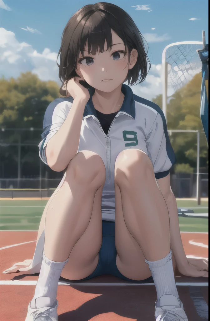 1 girl,alone,Youmu,white shirt,white socks, Gym suit,Dark blue bloomers, sports shoes, sitting, get your knees up,schoolyard,outdoor, blue sky,Sweat, front elevation
break
(masterpiece, highest quality,Super detailed,)