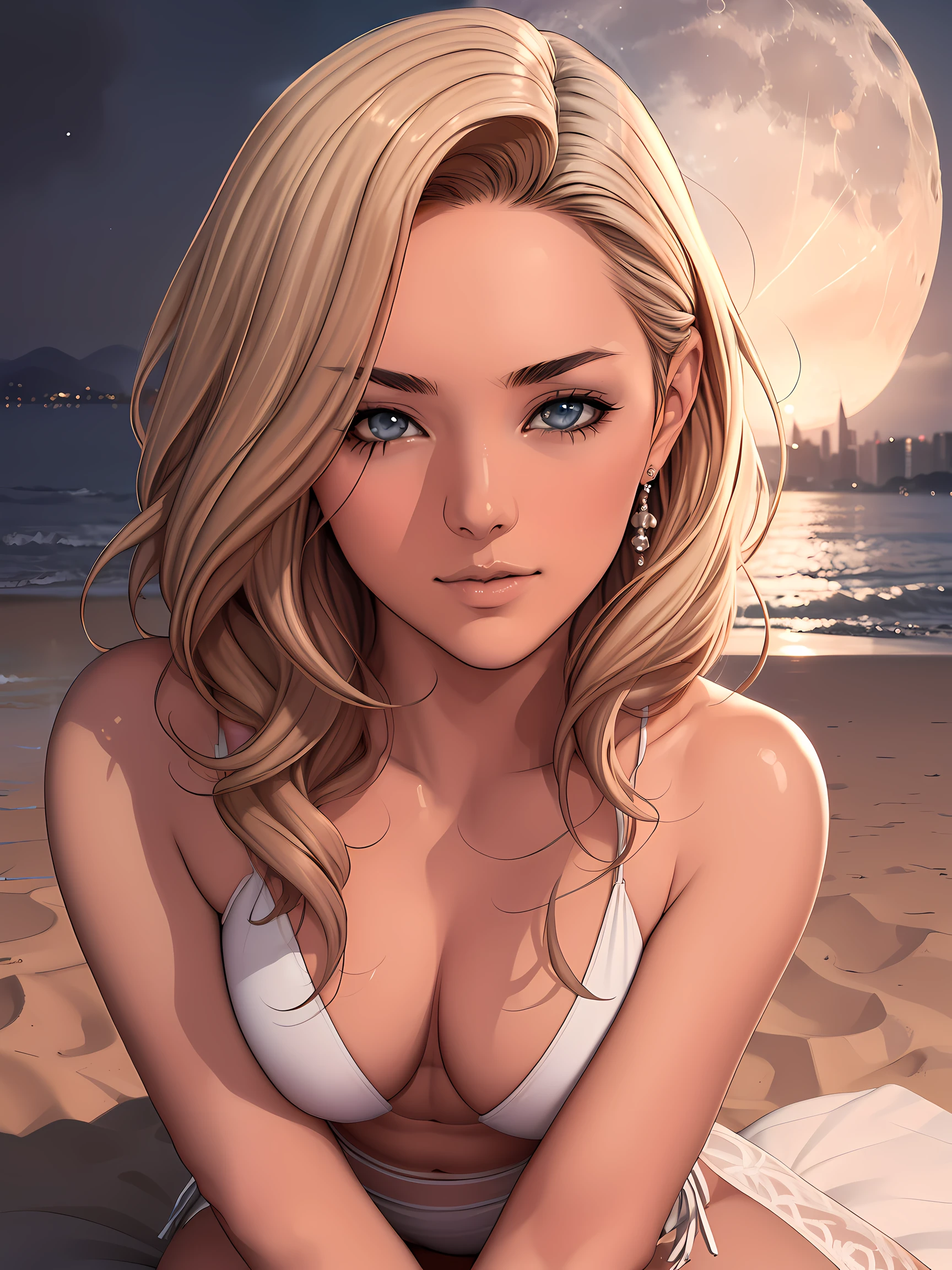 masterpiece, top quality, (One focus), (perfect face:1.1), (High detail:1.1), (very detailed eyes), dramatic, 1 person, (White skin), long light hair, Mysterious eyes, (Thin eyebrows), One, long hair, Jordan Barrett, moon, night, naked, swollen lips, wool, proud look, Beach, detailed background, Art by artgerm, cinematic lighting, Rose, fashion, Balenciaga style
