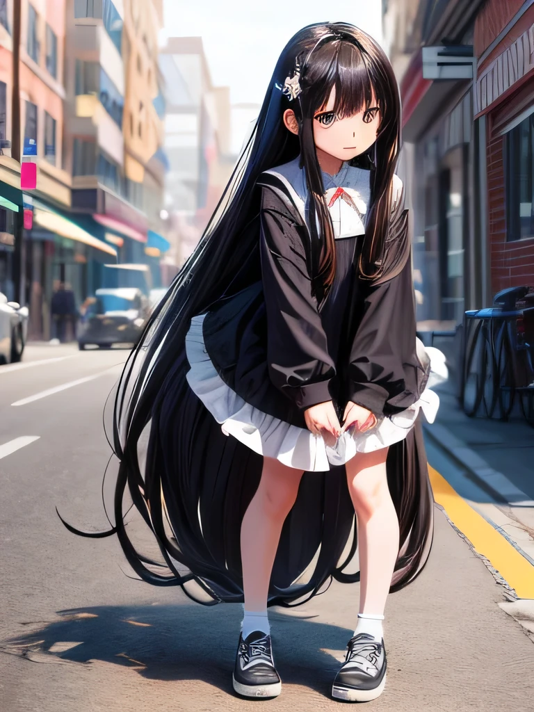 a , long hair, bang, cute face, 5 years old, toward fiew, full body