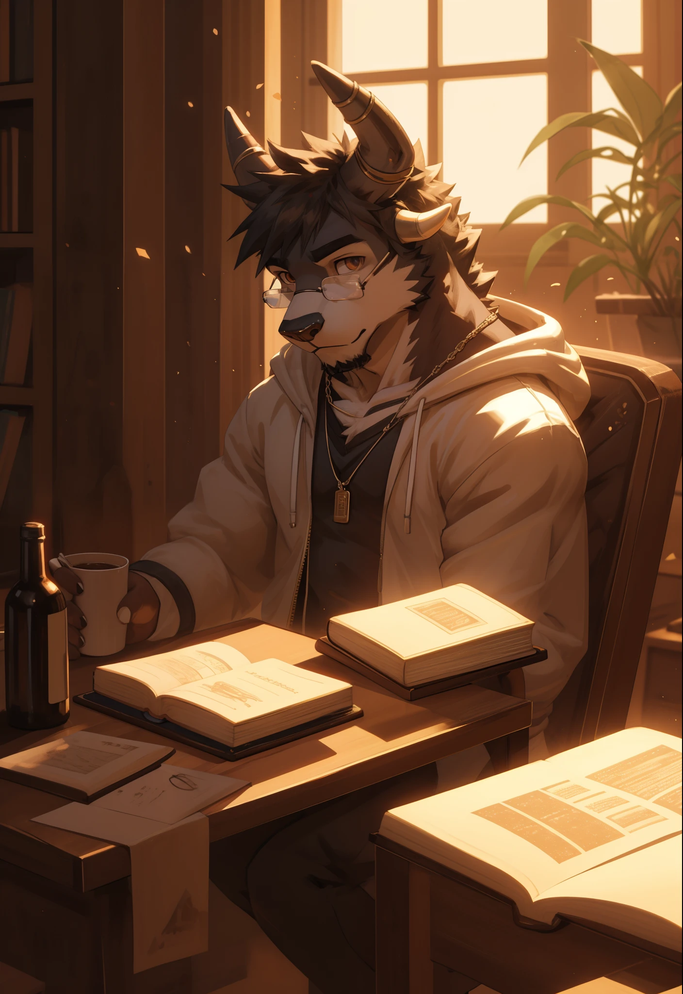 A young bull with a hoodie and glasses, study book, immersed in a book at a cozy library, hoodie sweater, SFW, anthropomorphic, extra detailed body, detailed body, Best quality, masterpiece, ultra high res,detailed background,realistic, real shadow and light,depth of field, (view from beside), details skin, fluffy, bull, 14 years old, Minotaur.