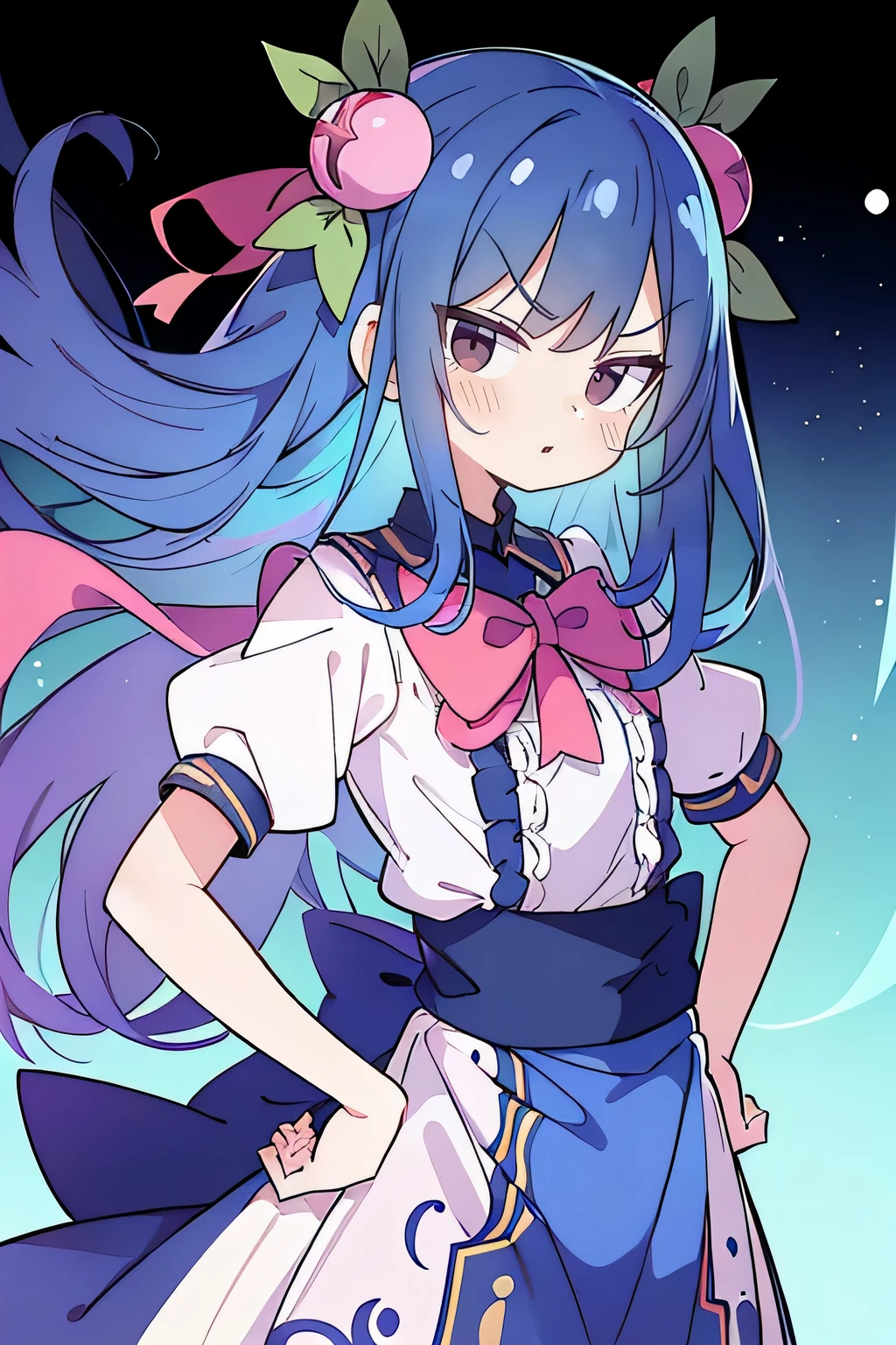(masterpiece),best quality, expressive eyes, perfect face, 1girl,
Put your hands on your waist,fair, Gorgeous,Japanese cartoons,girl,lola,Hina Angel, blue hair, blue haired, floating clothes,Grab your waist, Grab your waist, hands on hips , hands on hips,flat chest,starry sky,angry,