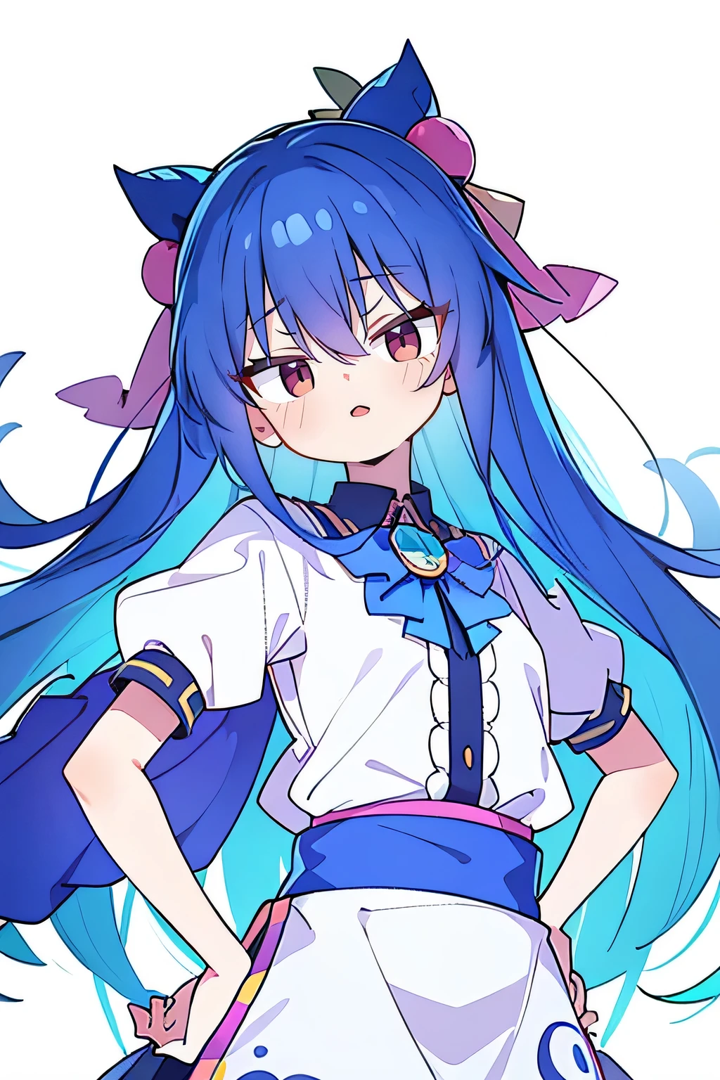 (masterpiece),best quality, expressive eyes, perfect face, 1girl,
 Put your hands on your waist,fair, Gorgeous,Japanese cartoons,girl,lola,Hina Angel, blue hair, blue haired, floating clothes,Grab your waist, Grab your waist, hands on hips , hands on hips,flat chest,starry sky,angry,