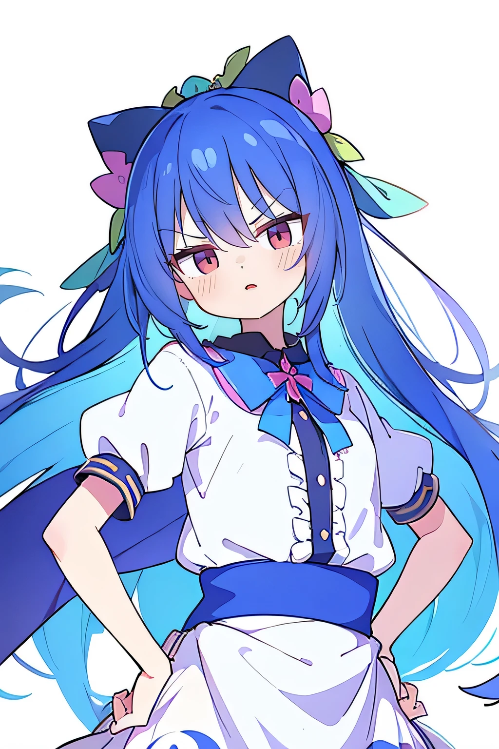 (masterpiece),best quality, expressive eyes, perfect face, 1girl,
 Put your hands on your waist,fair, Gorgeous,Japanese cartoons,girl,lola,Hina Angel, blue hair, blue haired, floating clothes,Grab your waist, Grab your waist, hands on hips , hands on hips,flat chest,starry sky,angry,