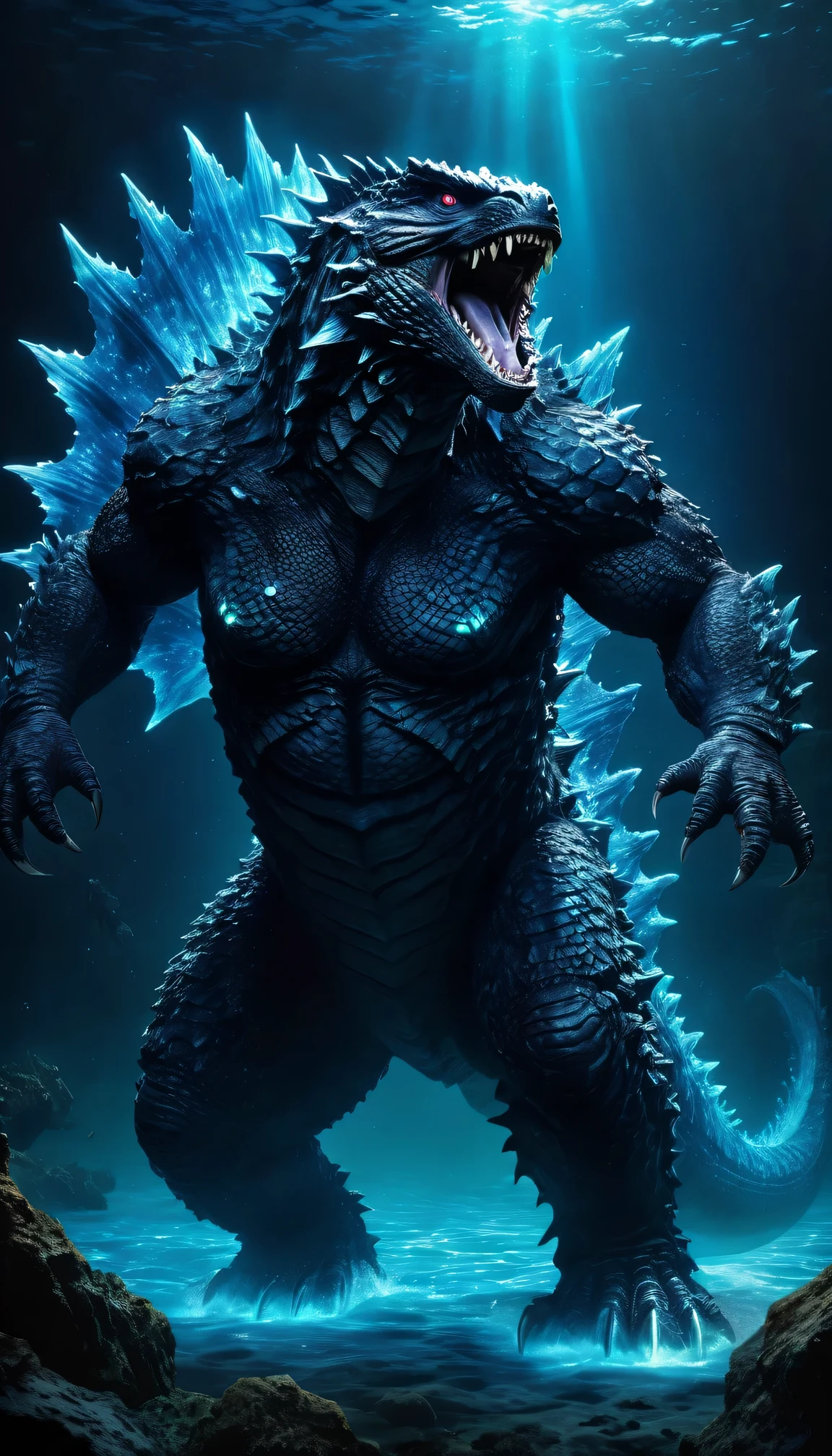 (a huge,terrifying,realistic,cinematic) Godzilla,(nightmarish,nighttime) underwater scene,dark and ominous,very detailed,sharp focus,ultra-detailed body,(glowing,bioluminescent) scales,fierce eyes and sharp teeth,(powerful,aggressive) pose,deep blue color palette,mysterious lighting,depth and scale emphasized,masterpiece:1.2,highres,HD,photorealistic,horror,sci-fi.
