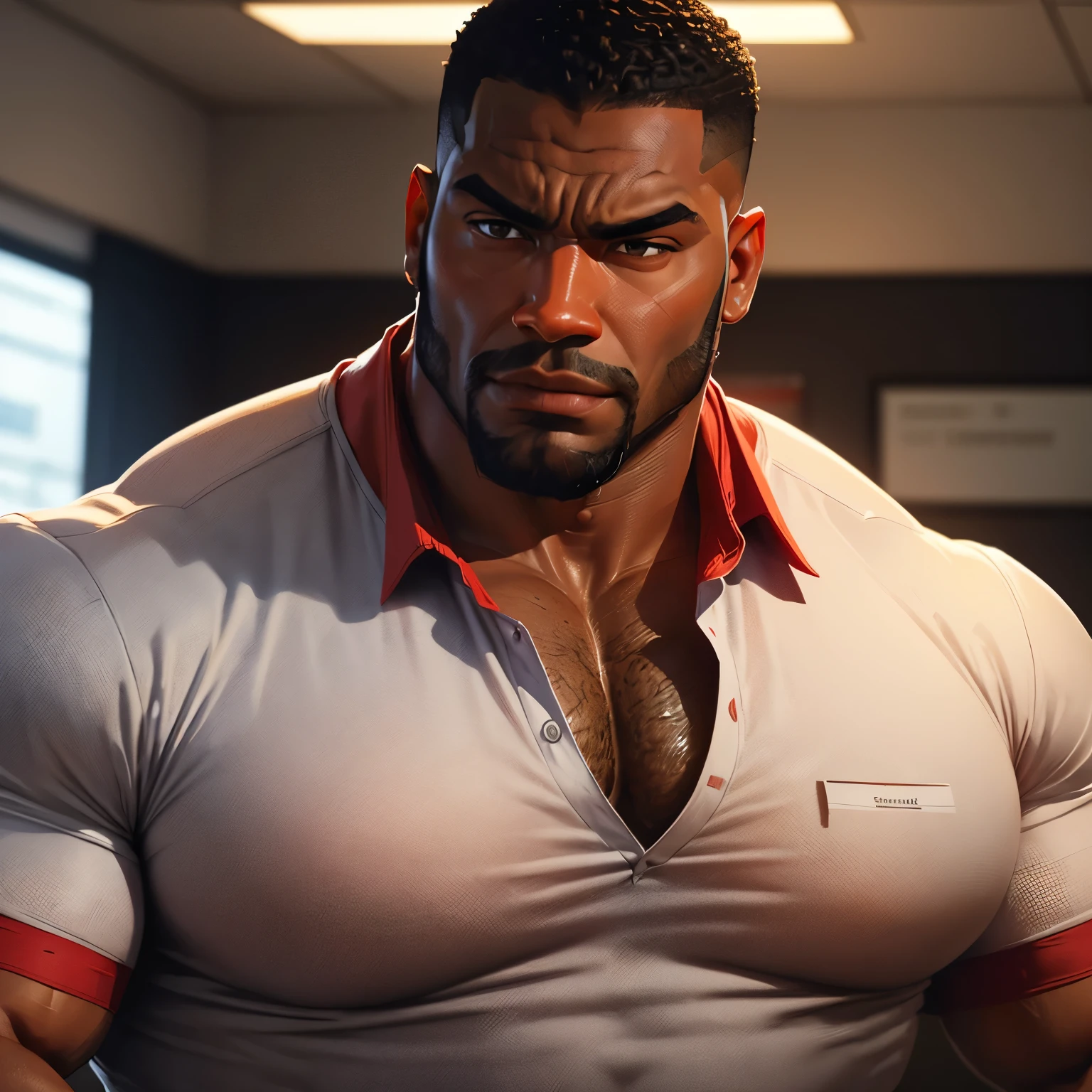 an exaggeratedly muscular and large bodyguard, beefy build, beard, dark-skinned african american male, buzzcut hair with square line, (wearing torn casual business shirt and tie: 1.2), name tag, (bara pecs: 1.3), (arm and chest hair: 1.1), close-up portrait HD, (dark grungy prison cell: 1.1)