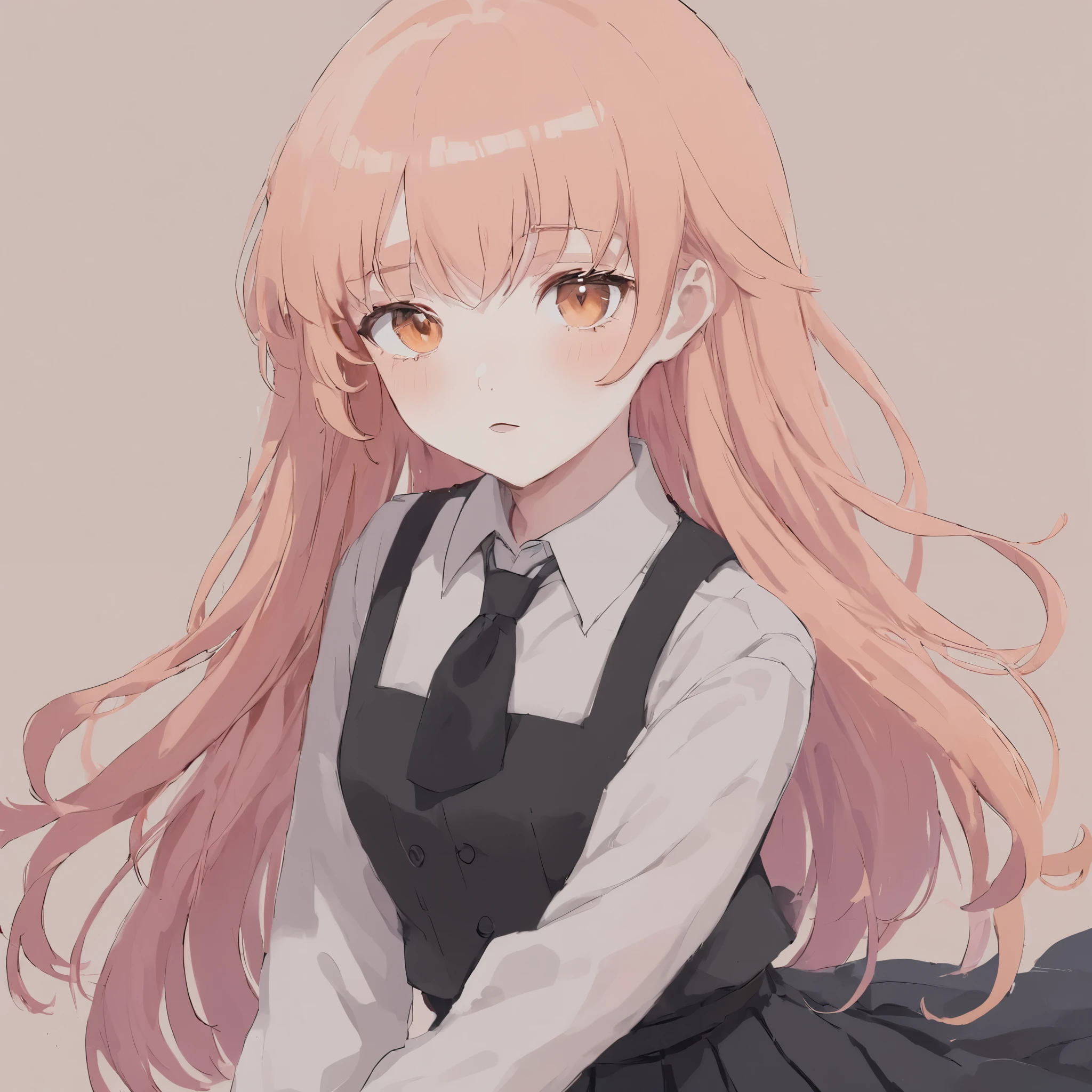 1 girl, Anime style, tender, fragile, Darling, White skin, light long eyes, Soft pink hair, long hair, Orange clothes, black tie, blue skirt
