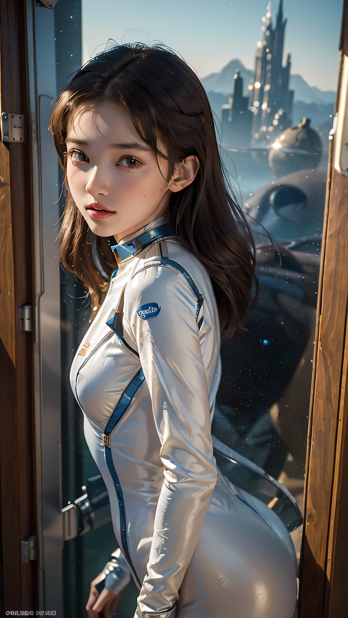 ((Best Quality)), (Masterpiece)), (Details: 1.4), 3D, Absurd Resolution, High Resolution, (Masterpiece: 1.4), Ultra Detailed, Beautiful Girl 1 Person, Futuristic Woman Image, Sparkling Brown Hair, Beautiful Brown Eyes, Beautiful Face, 20 Years Old, Spaceship, Floating, Small, Spacesuit, Spaceship, Window, Future, Dynamic Pose, Change of Clothes