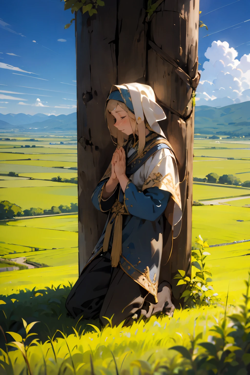 An old farmer kneeling in his lush field, hands raised to the sky, praying to the gods to grant him a .