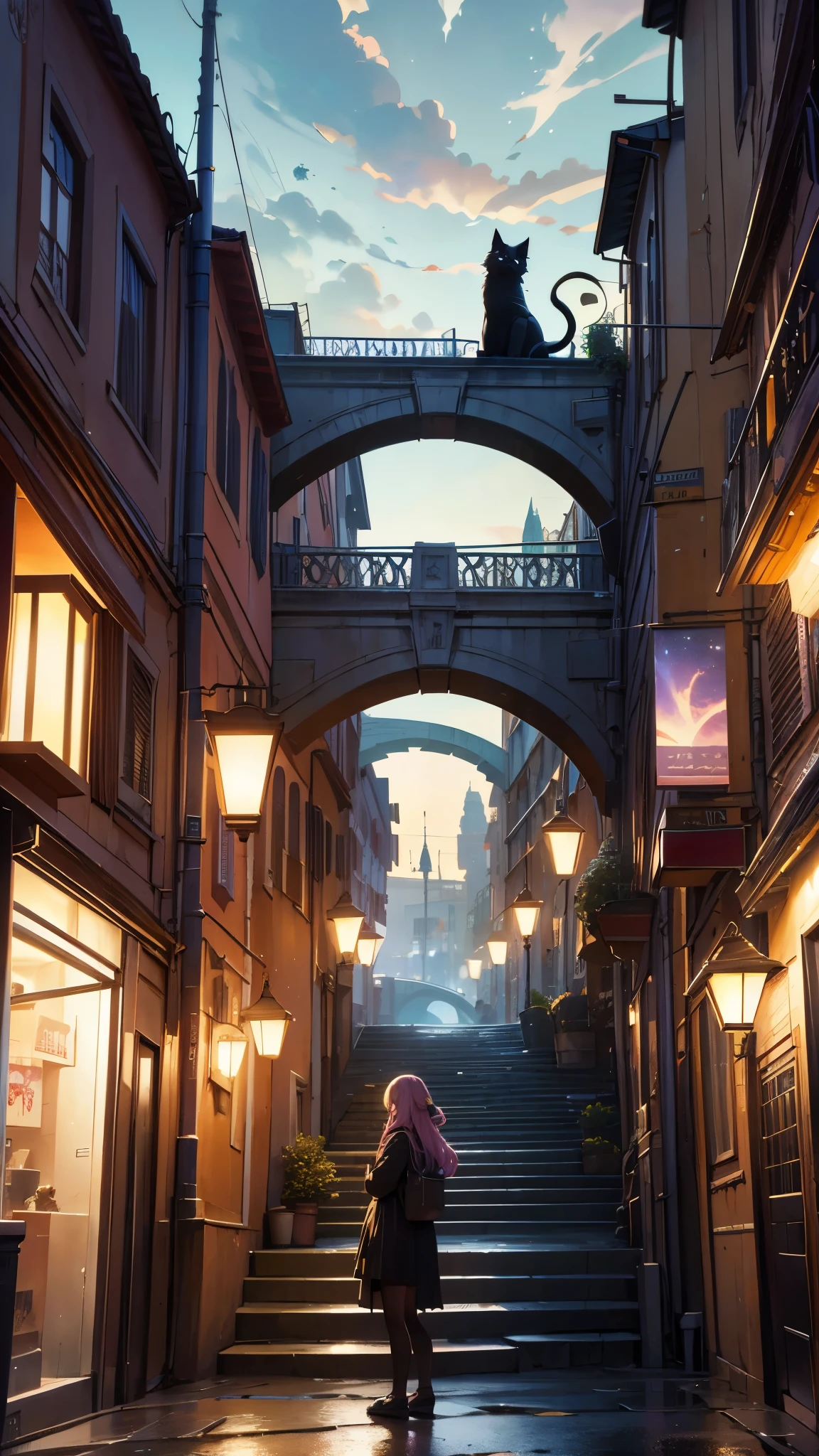 Masterpiece, Concept Art, A busy Alley in Rome Italy, tourists shopping, magical evening sky, black 1cat sits of steps observing, vibrant, aesthetic , extreme details, 8k resolution detailed, trending on artstation, pastel colours