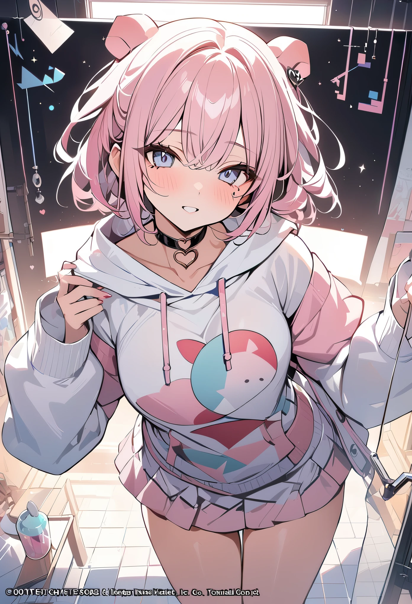 ,beautiful flower々）,mole under eye, heart shaped choker, (masterpiece, highest quality), official art, beautiful and aesthetic: 1.2), (1 girl), very detailed, (geometry art: 1.3), colorful、pink bob hair、Pig hoodie shirt、mini skirt