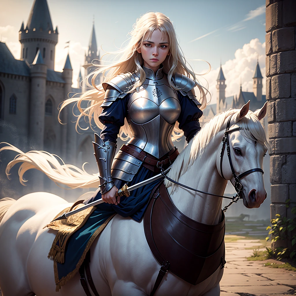Medieval warrior female warrior magic world with paladin wearing light attribute armor(In the background is the medieval city castle)Holding the holy sword in hand, riding a white horse solemnly and domineeringly