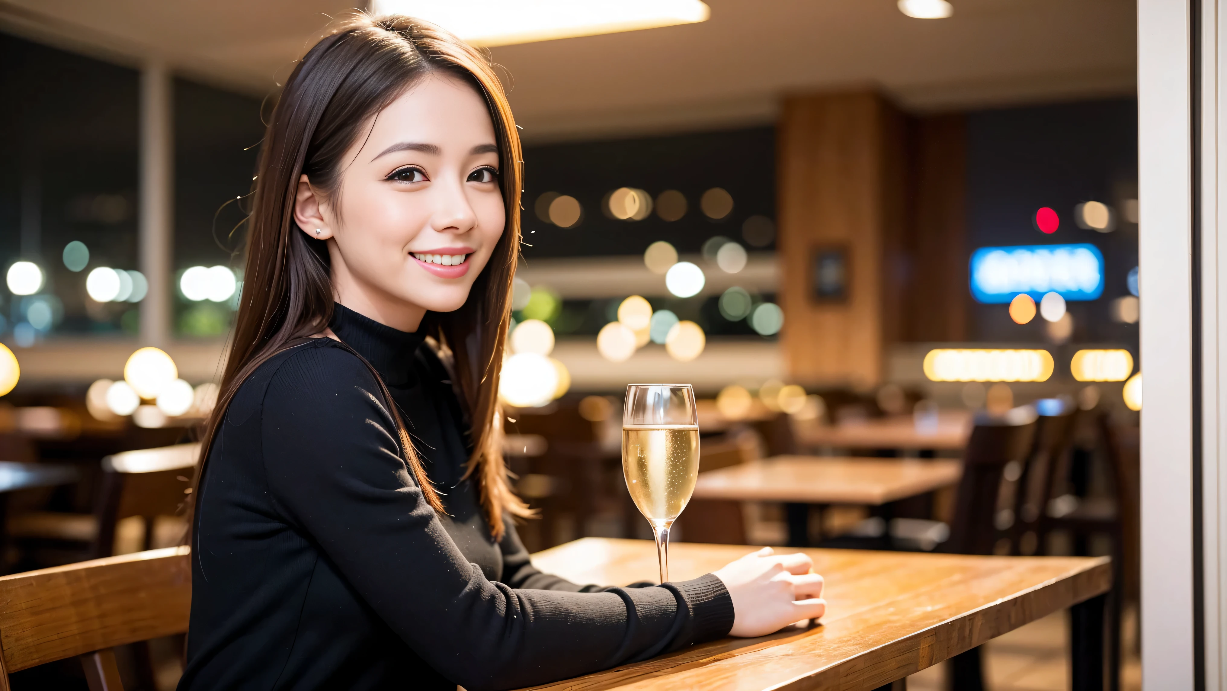 K, Hmm, highest quality, masterpiece: 1.2), (realistic, photorealistic: 1.37), Super detailed, 3 slim beauties, (slim face),Happy、 the best smile、Fox face、Berry Short、(because I&#39;thin), (brown hair), (shortcut), long sleeve shirt、winter fashion、Colombian、Brazilian、Japanese、Dutch、German、Portuguese、Belgian、Italian、French,Champagne、sparkling wine、 (squirt), (slim body), (brown hair), (shortcut), neat beauty、cheeks turn a little red, (35 years old), 38 years old, alone, A beautiful and detailed night view spreads out outside the window....., restaurant, wine glass is sitting, At night, in a prominent place (from the Upper body) nova frog style, actress, model, Upper body, White wine, slim, wine glass, Very beautiful night view, wine glass Put in the Middle, Happy smile, (smile: 1.15), 