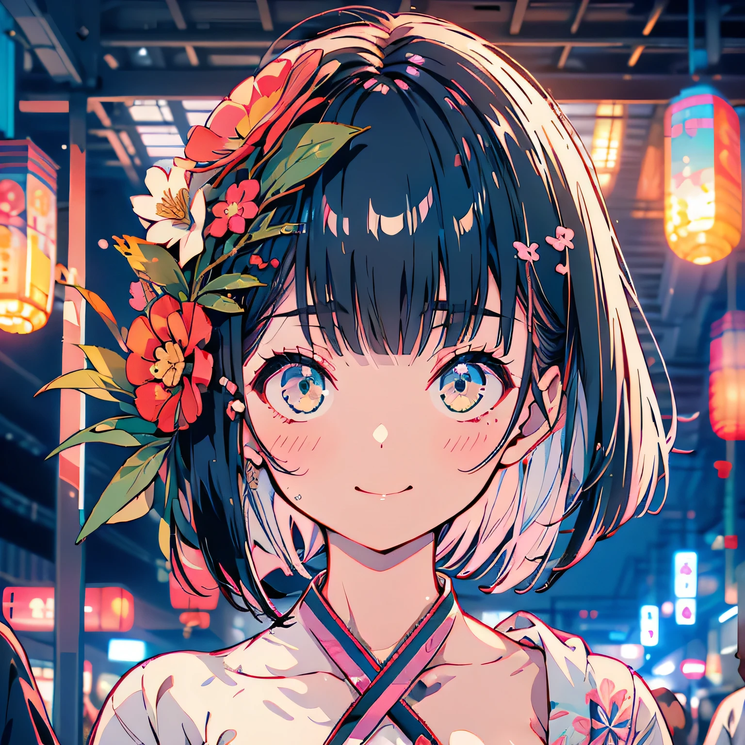 ((1girl,cute,japanese,young,short beautiful black hair,bob cut,blunt bangs,beautiful black eyes)),(solo),(japanese beautiful floral kimono,yukata),((topless, beautiful medium , pink nipples)),gleaming skin,Vulgar,(nsfw),low angle,from below,((masterpiece, highest resolution,best quality)), (beautiful illustration), (looking at the viewer), ((elegant beautiful white panties)),innocent smile,Embarrassed,mouth open,beautiful japanese festival,fireworks,flowers,stall、stall,crowded,night,