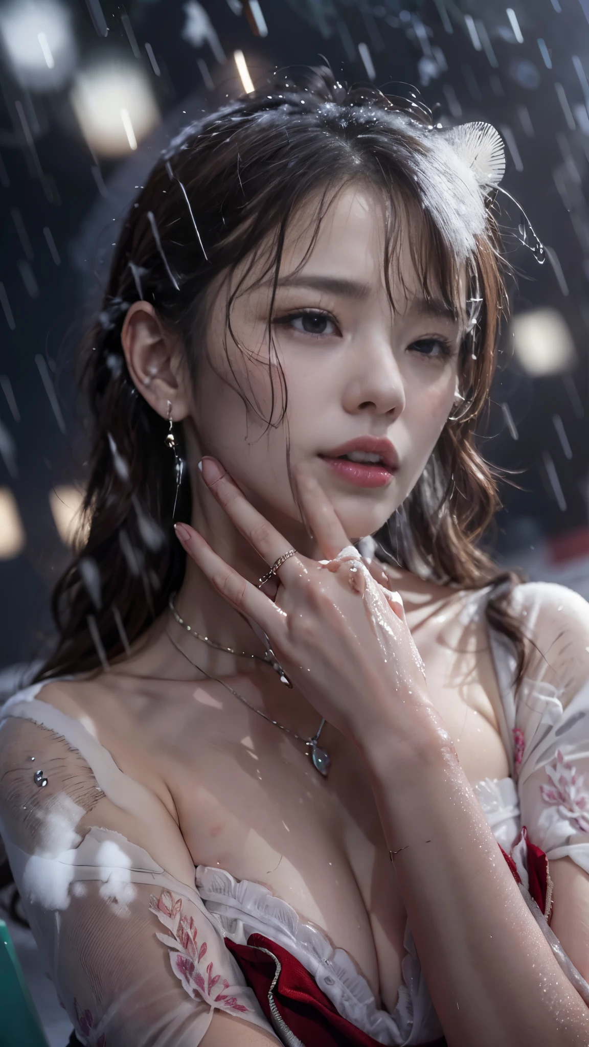 (RAW shooting, Photoreal:1.5, 8K, highest quality, masterpiece, ultra high resolution), ((((heavy snow, Blizzard)))), Highly detailed skin and facial textures:1.3, perfect dynamic composition:1.2, (On the rooftop of a building at night in a modern city, expression of sadness:1.0, Tears are flowing:1.0, cry with a broken heart:1.0), Slim office lady wet in the rain:1.3, cowboy shot, Fair skin:1.2, sexy beauty:1.1, perfect style:1.2, beautiful and aesthetic:1.1, very beautiful face:1.2, water droplets on the skin, (rain drips all over my body:1.2, wet body:1.2, wet hair:1.3), (professional dressing:1.1, Holding a bouquet of wet hazel flowers:1.2, Wet tight skirt:1.2, wet office lady uniform:1.3), (Medium chest, bra is see-through, Chest gap), (Eyes that feel beautiful eros:0.8, Too erotic:0.8, Bewitching:0.8), necklace, earrings, bracelet, wedding ring, Highly detailed hand and finger expressions