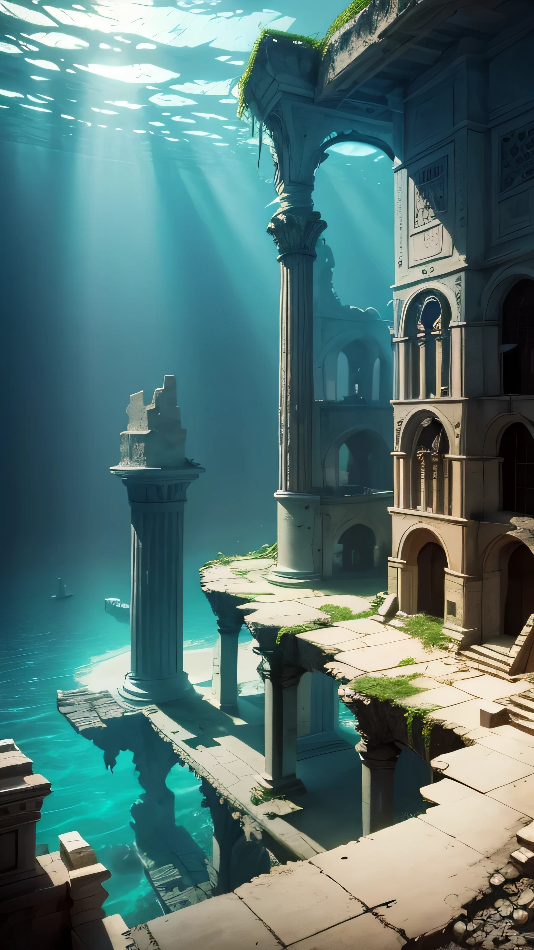 ruins of the underwater city of Alexandria, broke building, library, 8k, high quality 