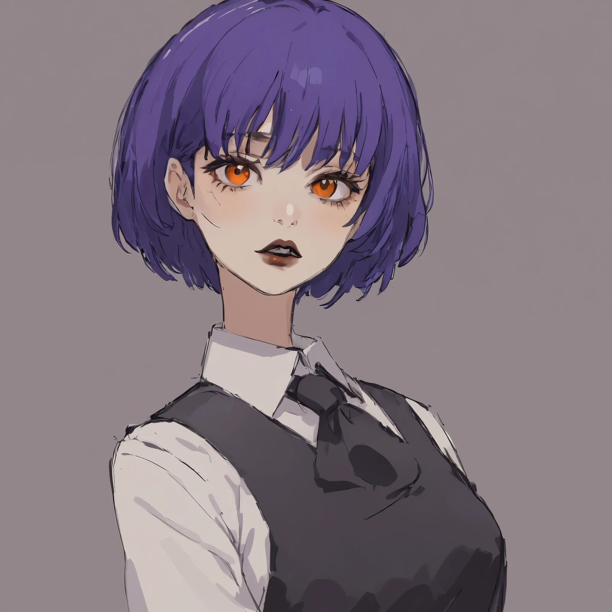 1 girl, Anime style, Very short hair, hairstyle like a guy&#39;s, DILLED HAIRSTYLE, purple hair, black eyes, black lips, Orange , Orange одежда, black tie, blue skirt
