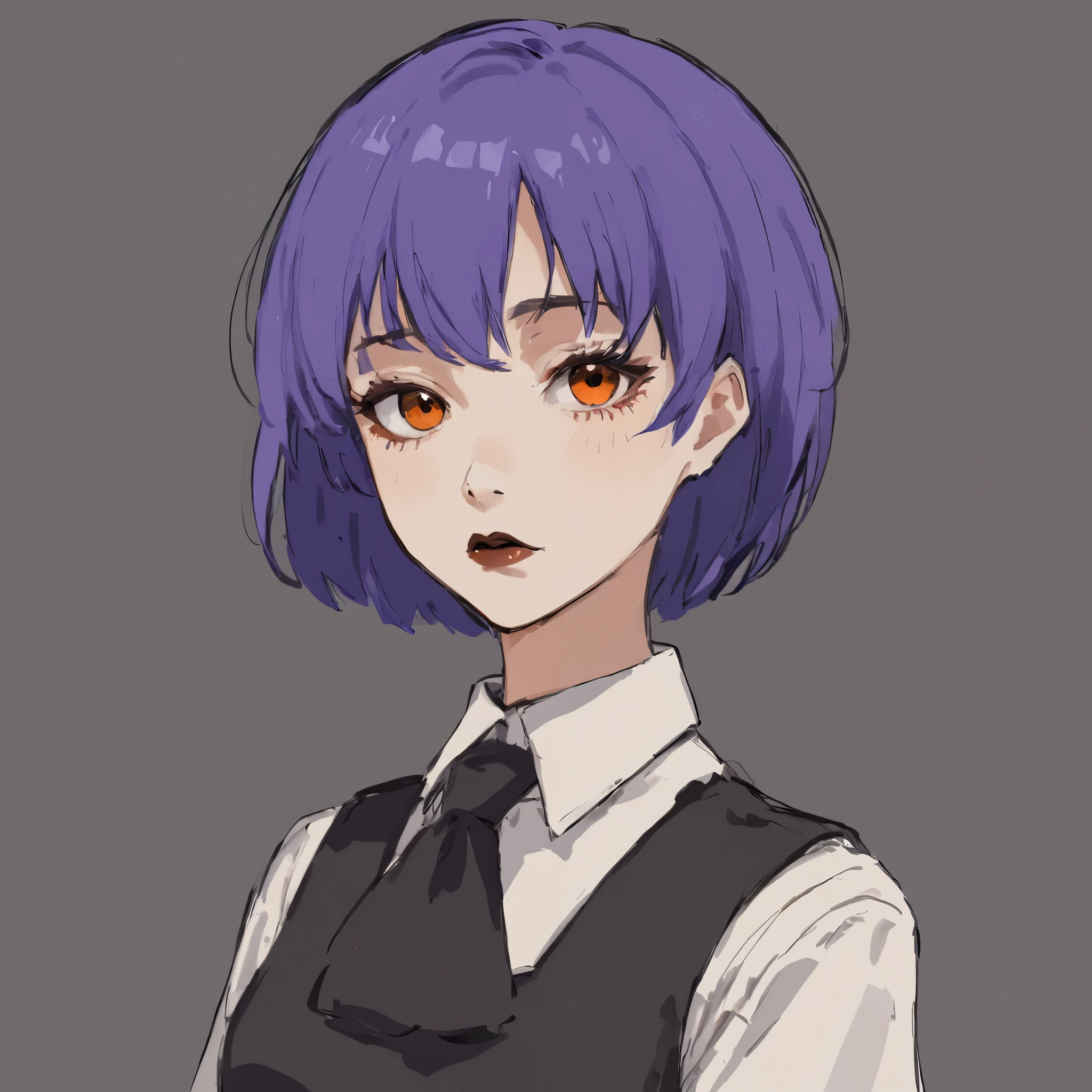 1 girl, Anime style, Very short hair, boyish hairstyle, purple hair, black eyes, black lips, Orange , Orange одежда, black tie, blue skirt
