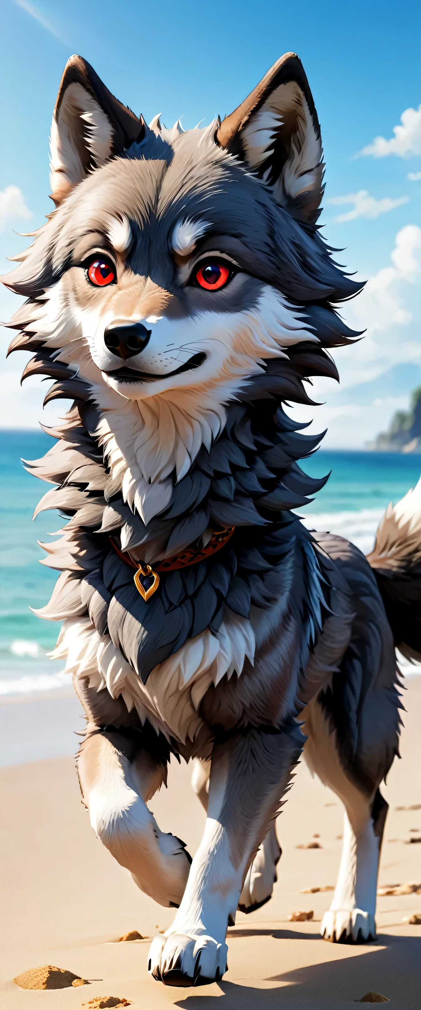 (((furry wolf))), ((gray wolf)), (chibi), bad wolf, red eyes, beach, pants or shorts, Hairy body full length front view, flight phase during running, Legs above ground, run fast, Hyperrealistic art high quality portrait flat matte,Cute Nendoroid people and cartoon style, Anime flat style, Thick diagram, medium close-up", (alone:1.2), lifelike:1.5, 8K, textured skin, lifelike skin, Delicate skin, most detailed, extremely detailed, 8K wallpaper, rich and colorful, (dark magic), Ring with stone, (intricate details), (Super detailed), 8K hdr, high detail, many details, high quality, Soft movie lighting, atmospheric perspective (focus on), color ink painting, Extremely high resolution details, photographic, Realism taken to extremes, fine texture, Extremely realistic,