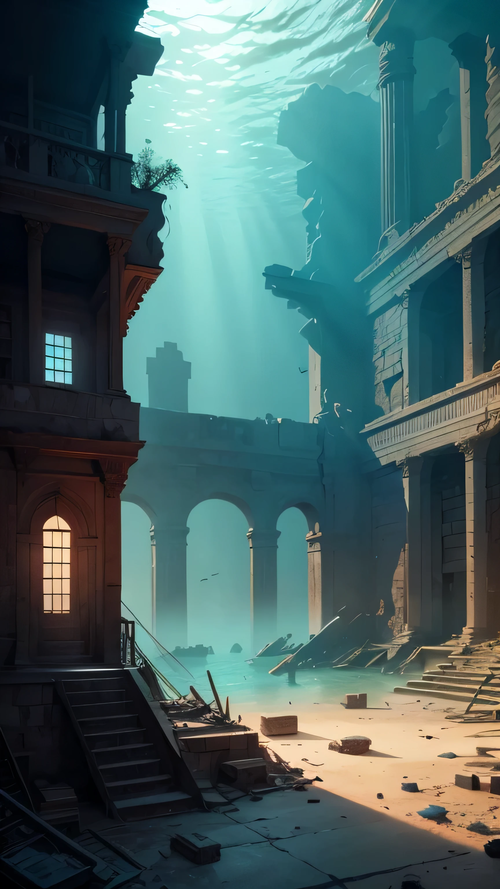 ruins of the underwater city of Alexandria, broke building, artifact, library, book, 8k, high quality