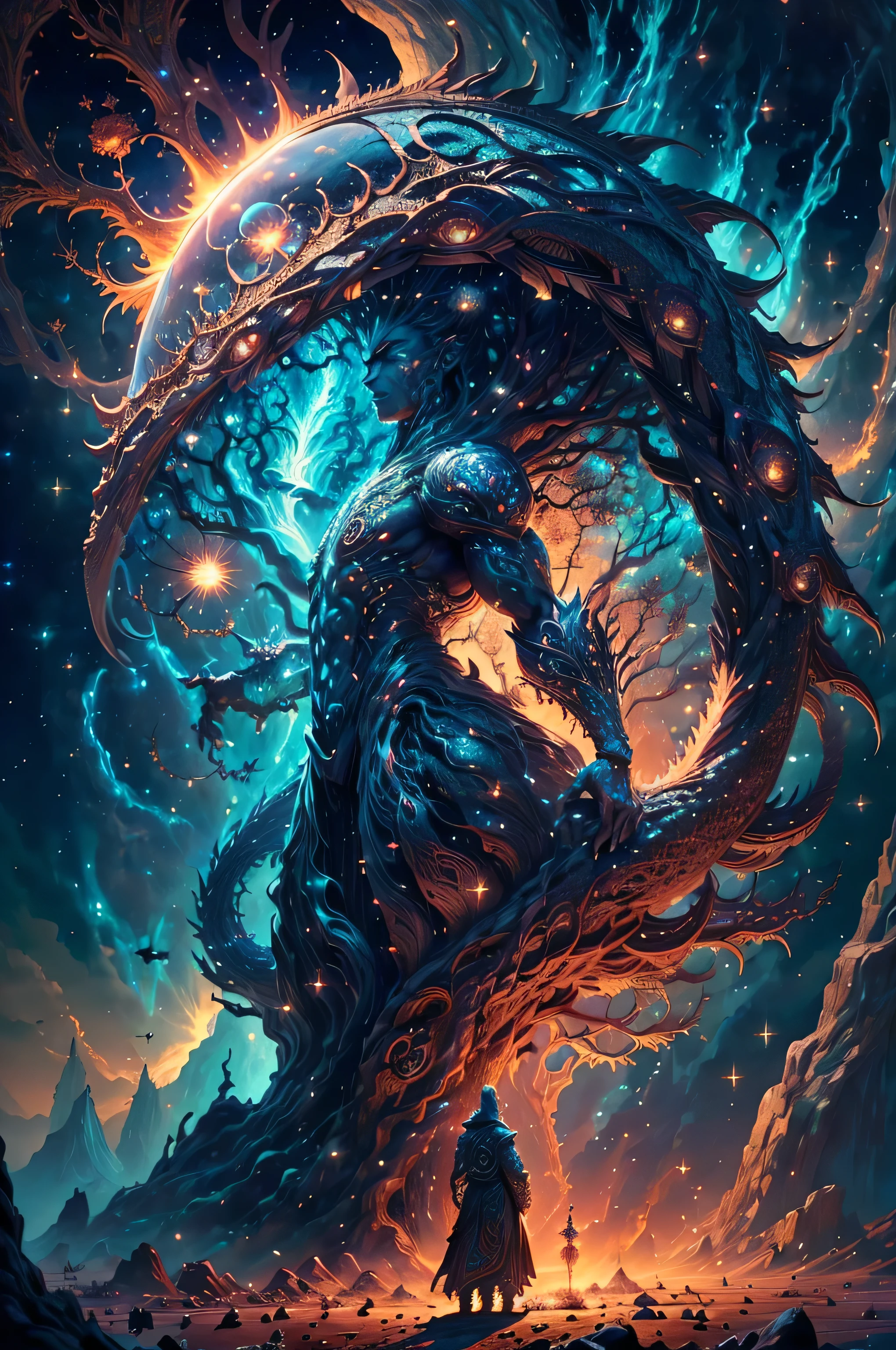 (((masterpiece))), A wizard standing in front of a giant tree god overlooking the sun, Extremely detailed, vivid colors, bioluminescence, strong muscles, (intricate details: 1.6), Brave, Fantastic high-quality photo, spiritual, Looking into space, conjure firebolt, magic casting, dragons in the sky, infinity war, 