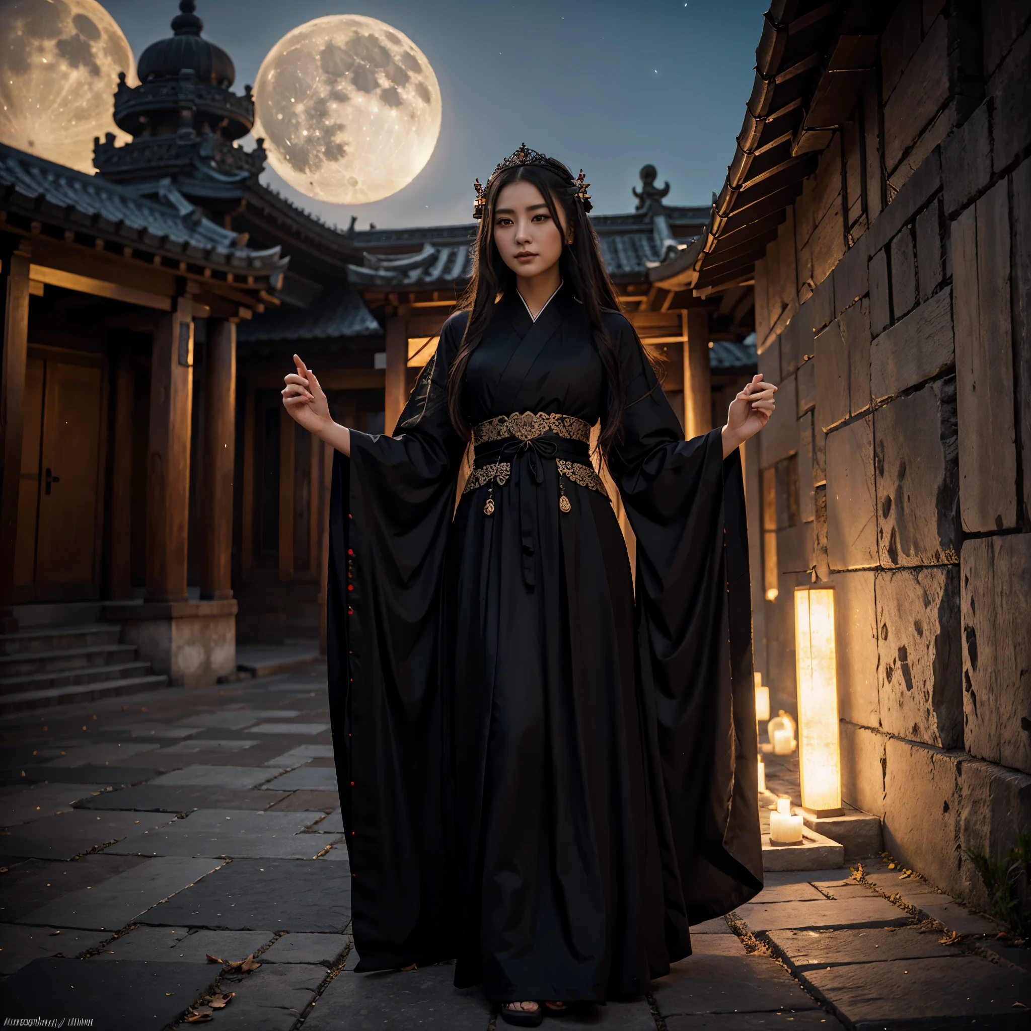 arafed woman in a black dress standing in front of a full moon, palace , a girl in hanfu, a beautiful fantasy empress, ((a beautiful fantasy empress)), hanfu, full body xianxia, by Yang J, flowing magical robe, japanese goddess, a stunning young ethereal figure, lovely dark autumn princess, an elegant gothic princess