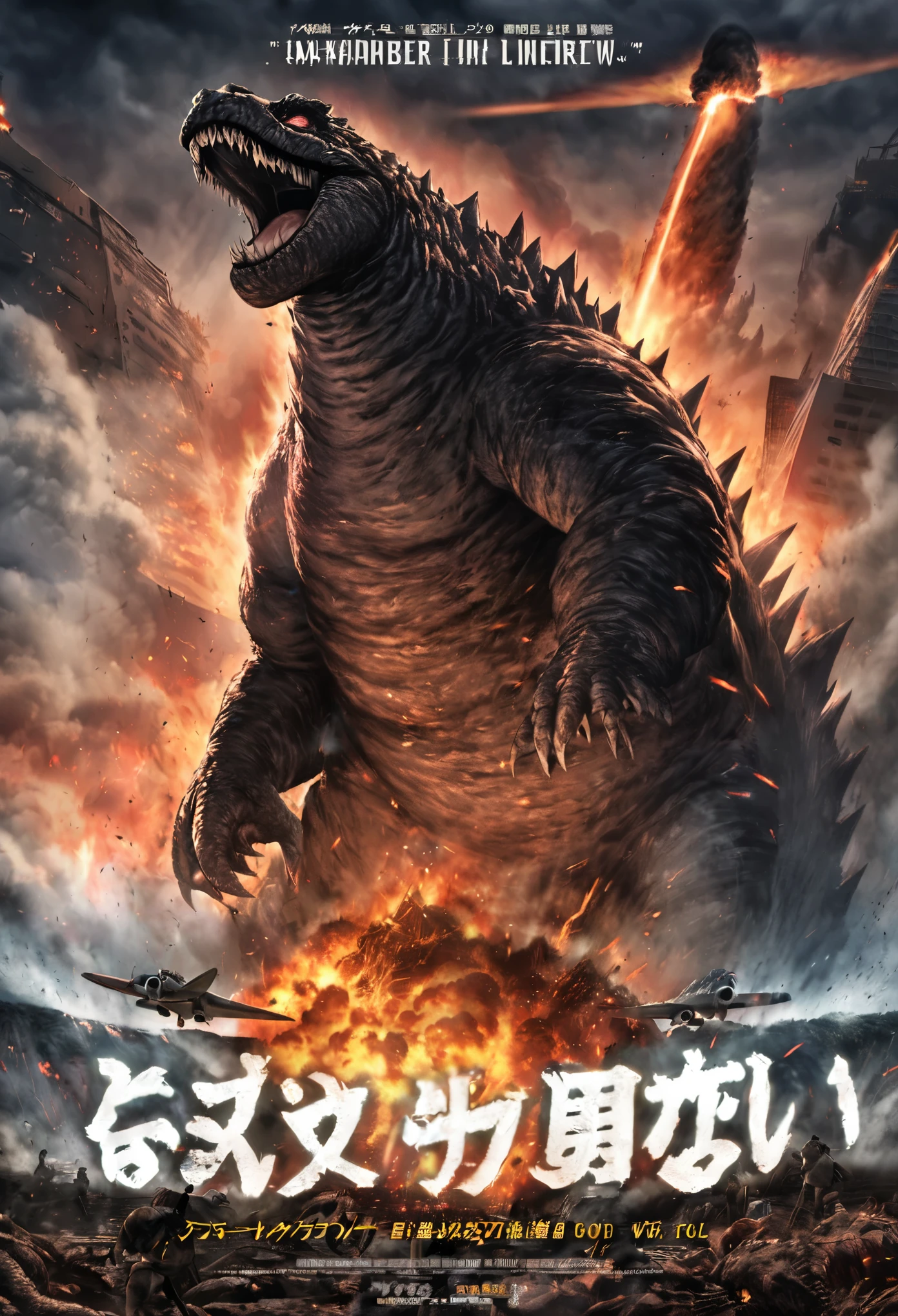Movie Poster Design、high quality、High resolution、masterpiece:1.2、
Special effects movie released on November 3, 1954,  Inspired by the nuclear test at Bikini Atoll, Hydrogen bomb monster movie『Godzilla』, 50 meter tall monster, Godzillaは人間にとっての恐怖の対象, nuclear spawn, Symbol of fear created by humans, A work that expresses the selfishness of humans in which a monster that appears due to nuclear weapons created by humans is buried by humans., A Japanese King Kong that completely destroys the dark post-war society and plunges it into anarchy., Ray Harryhausen special effects monster movie in which a monster revived by a hydrogen bomb test destroys the city of New York.『Atomic monster appears』was greatly influenced by, 『Godzilla』The number of spectators was 9.61 million.。