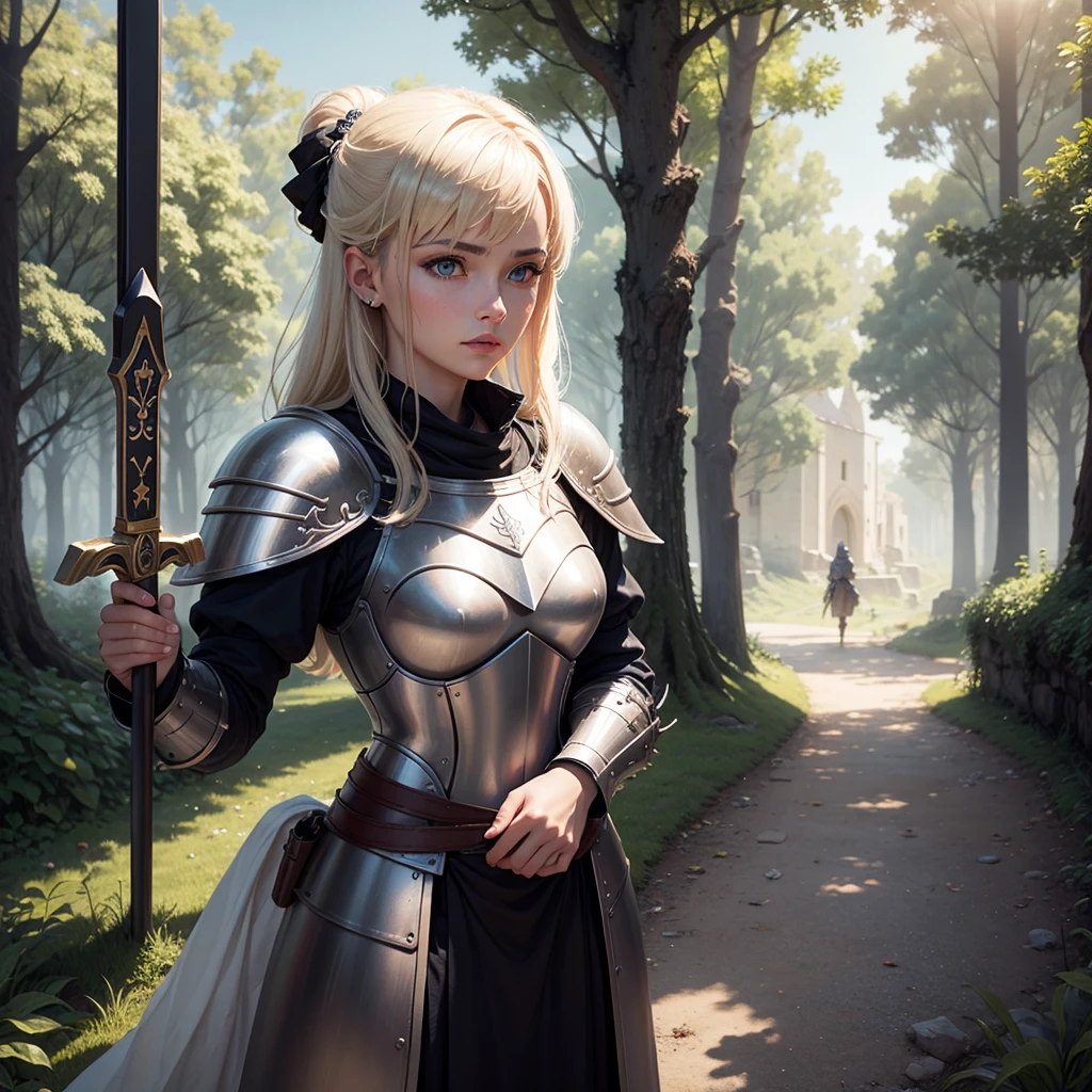 Paladin female soldier, medieval warrior female warrior wearing light attribute armor, magical world(The background is a small medieval town next to a forest)Holding the holy sword solemnly and domineeringly