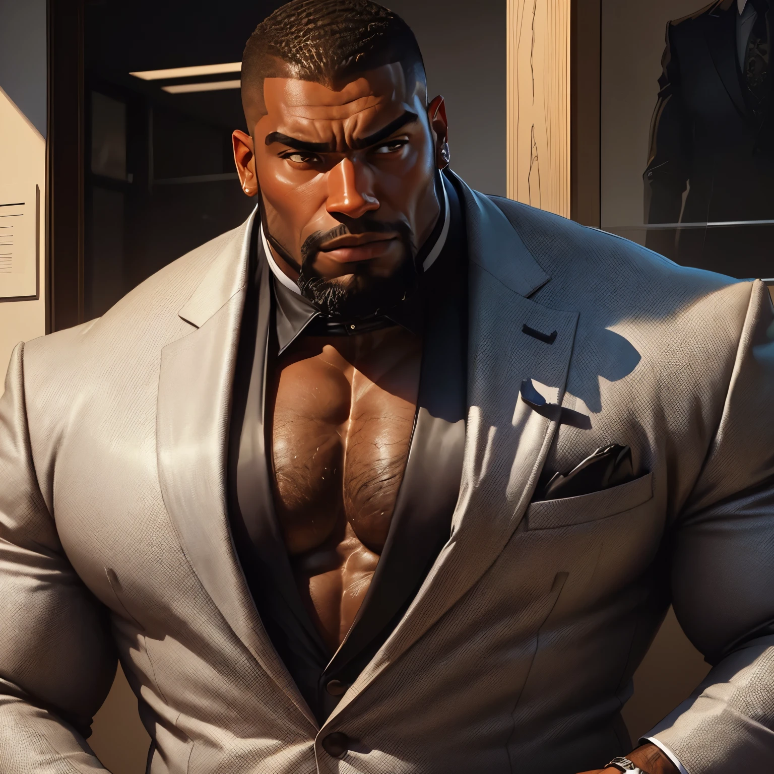 an exaggeratedly muscular and large bodyguard, beard, dark-skinned african american male, buzzcut hair with square line, (wearing fancy suit jacket: 1.2), shirtless, (bara pecs: 1.3), (arm and chest hair: 1.1), close-up portrait HD, bright corporate office