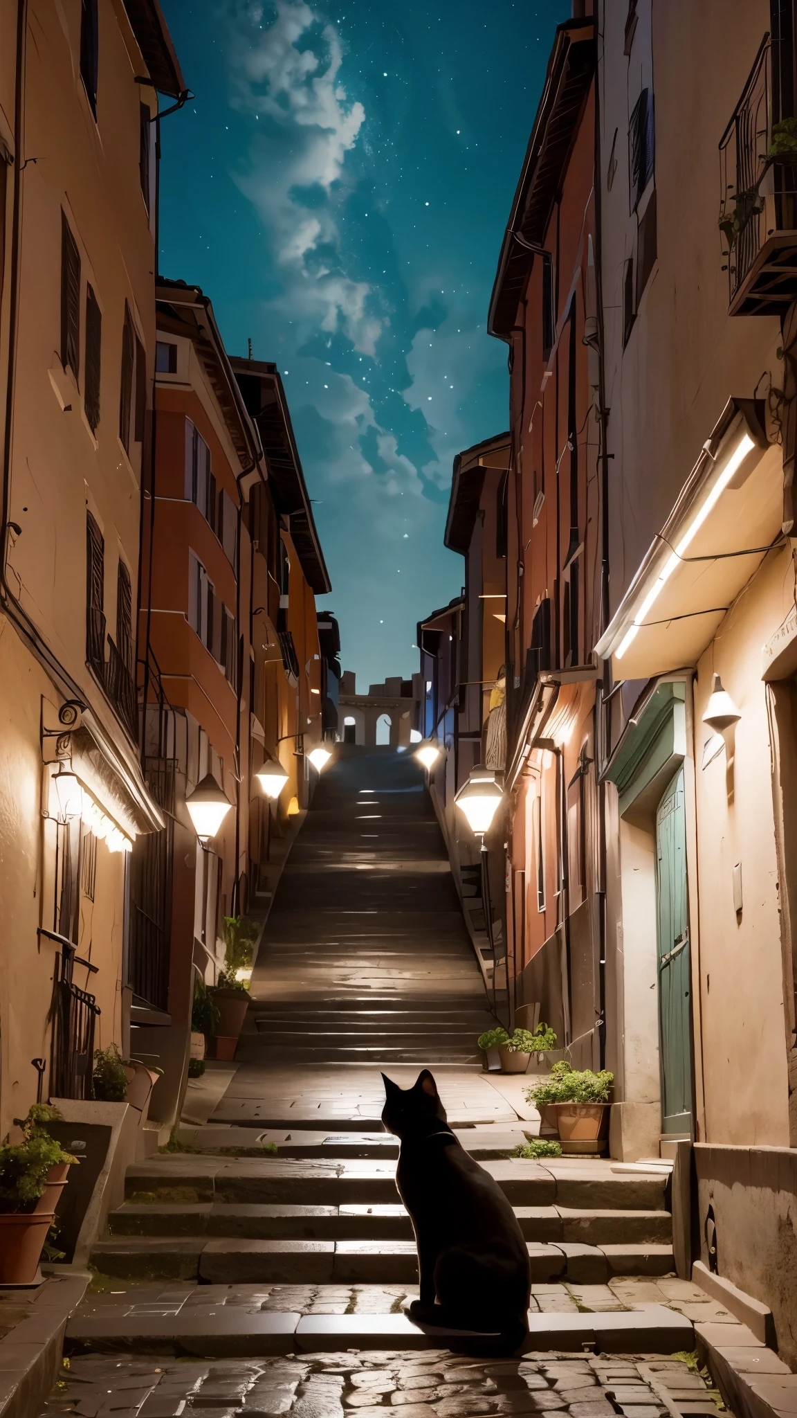 Masterpiece, Concept Art, A busy Alley in Rome Italy, tourists shopping, magical evening sky, black 1cat sits of steps observing, vibrant, aesthetic , extreme details, 8k resolution detailed, trending on artstation, pastel colours