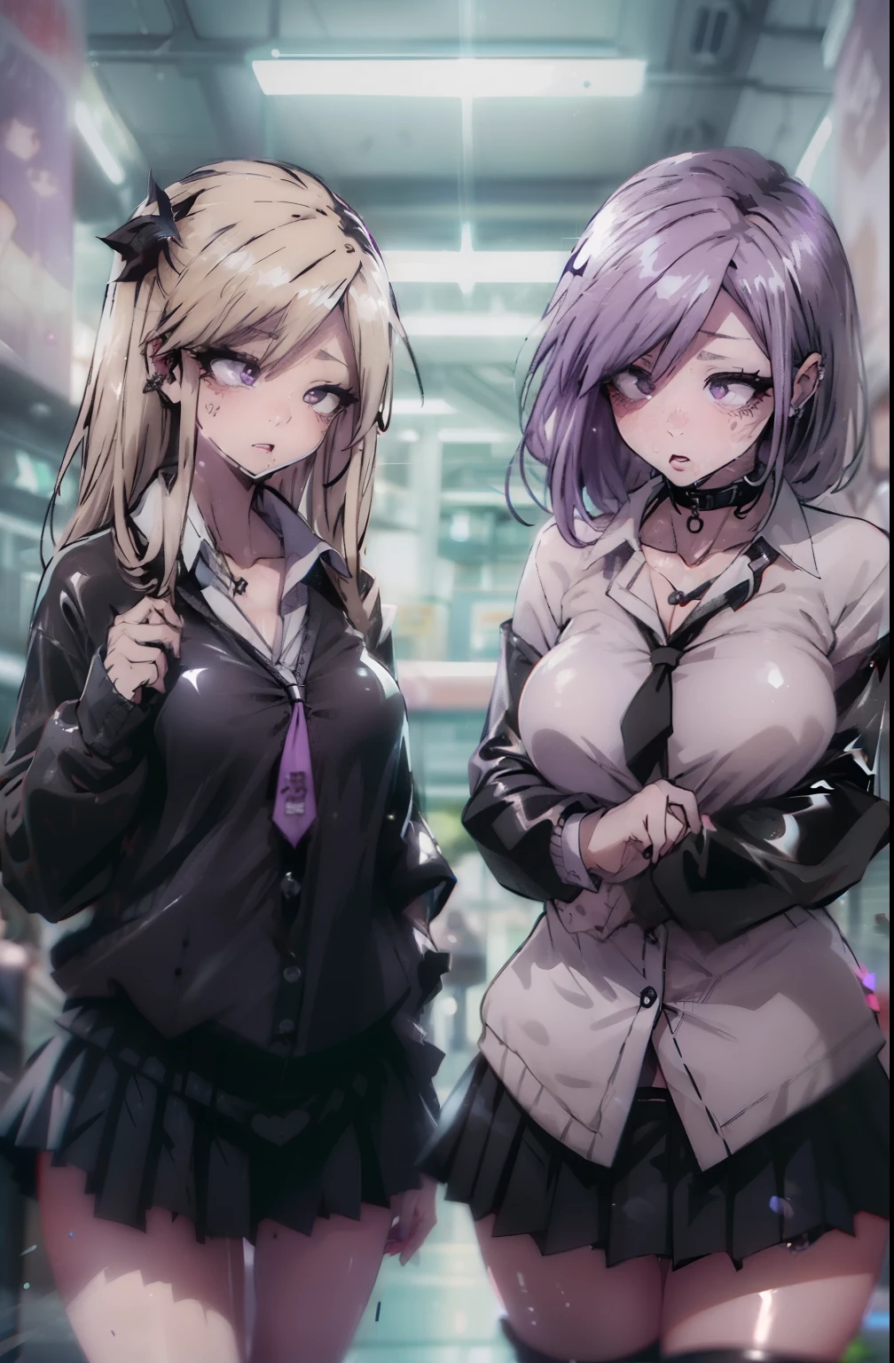 (3 girls:1.8)、standing with legs apart、 1 cute girl, highest quality、ウルトラ - High resolution、High resolution、Detailed CG、8k unit wallpaper、20-year-old、beautiful and detailed eyes,platinum blonde hair、random hairstyle、(((black and purple super shiny latex panties)))、((( black skin , Shirt with tie , cropped shirt , pleated skirt , cleavage ,oil skin)))、(shiny body,:1.5)、 please be shy、(Ahegao:1.5)、(Stick out your tongue and drool)、full of embarrassment、sexy pose、((vapor))、many hearts、(((big breasts)))、(((exclamation mark, moan, many hearts,spoken heart, comic strip, moving line, motion blur, tremble violently, lots of heart speech bubbles)))