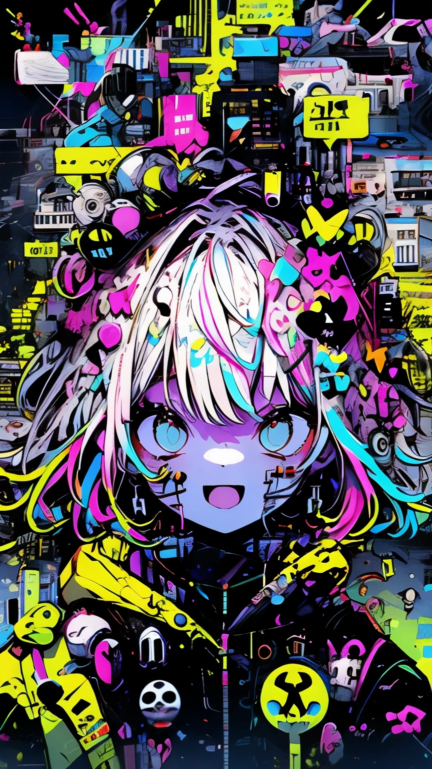 (masterpiece, highest quality, highest quality, official art, beauty & aesthetics: 1.2), (1 cute woman: 1.4), , ([neon pink|Neon Yellow] hair: 1.5), extreme details, (fractal art: 1.3), (color: 1.5), best details, (mechanical correction: 1.3), (correction: 1.2), maiden, (Complex mechanical catheterization: 1.5), (neon background: 1.4), (neon city: 1.75), night, room, Hongkong, Traditional Chinese Neon Sign,((He is laughing so hard)),Gives energy and courage